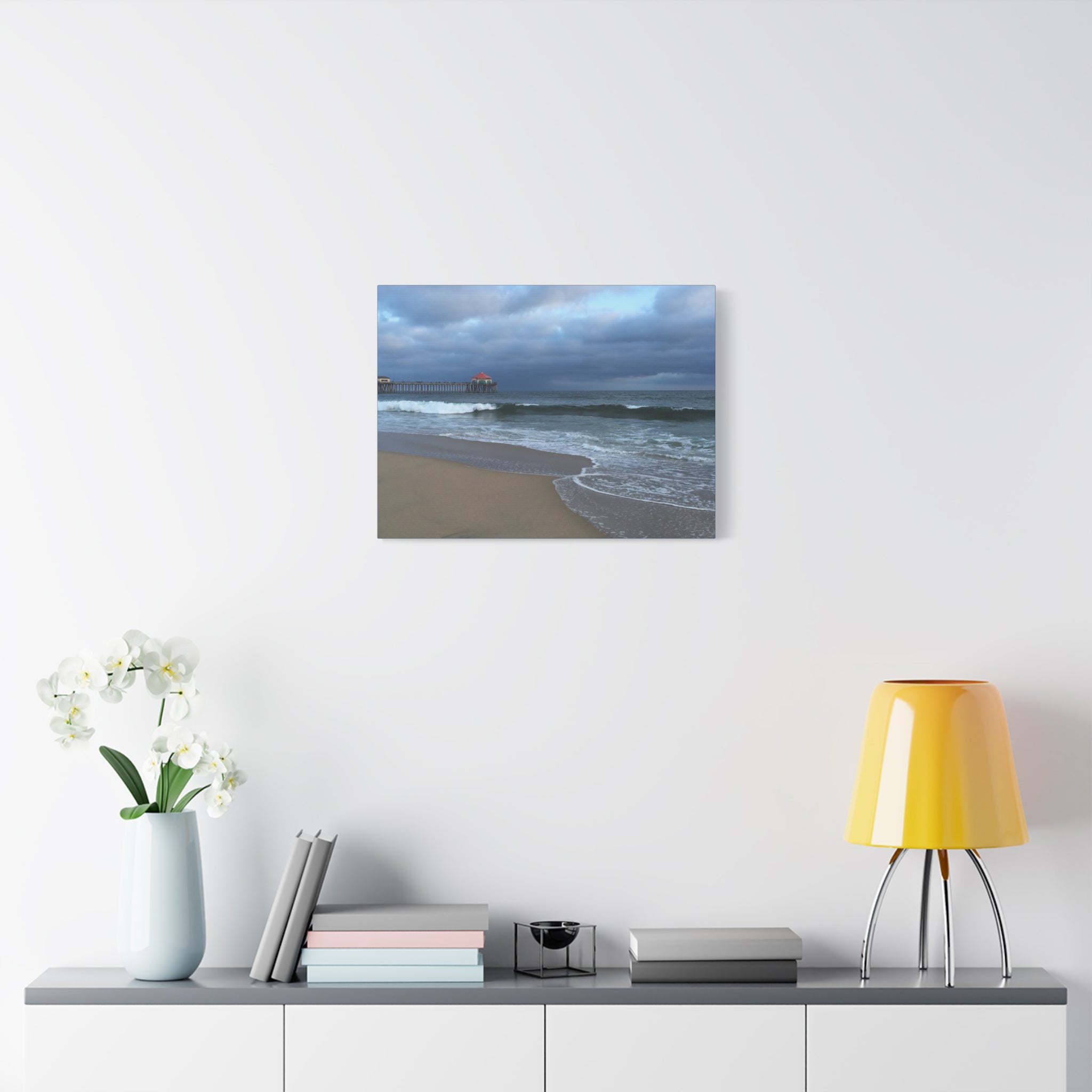 Ocean Pier Beach Canvas Print — Moody Seascape Matte Stretched Wall Art