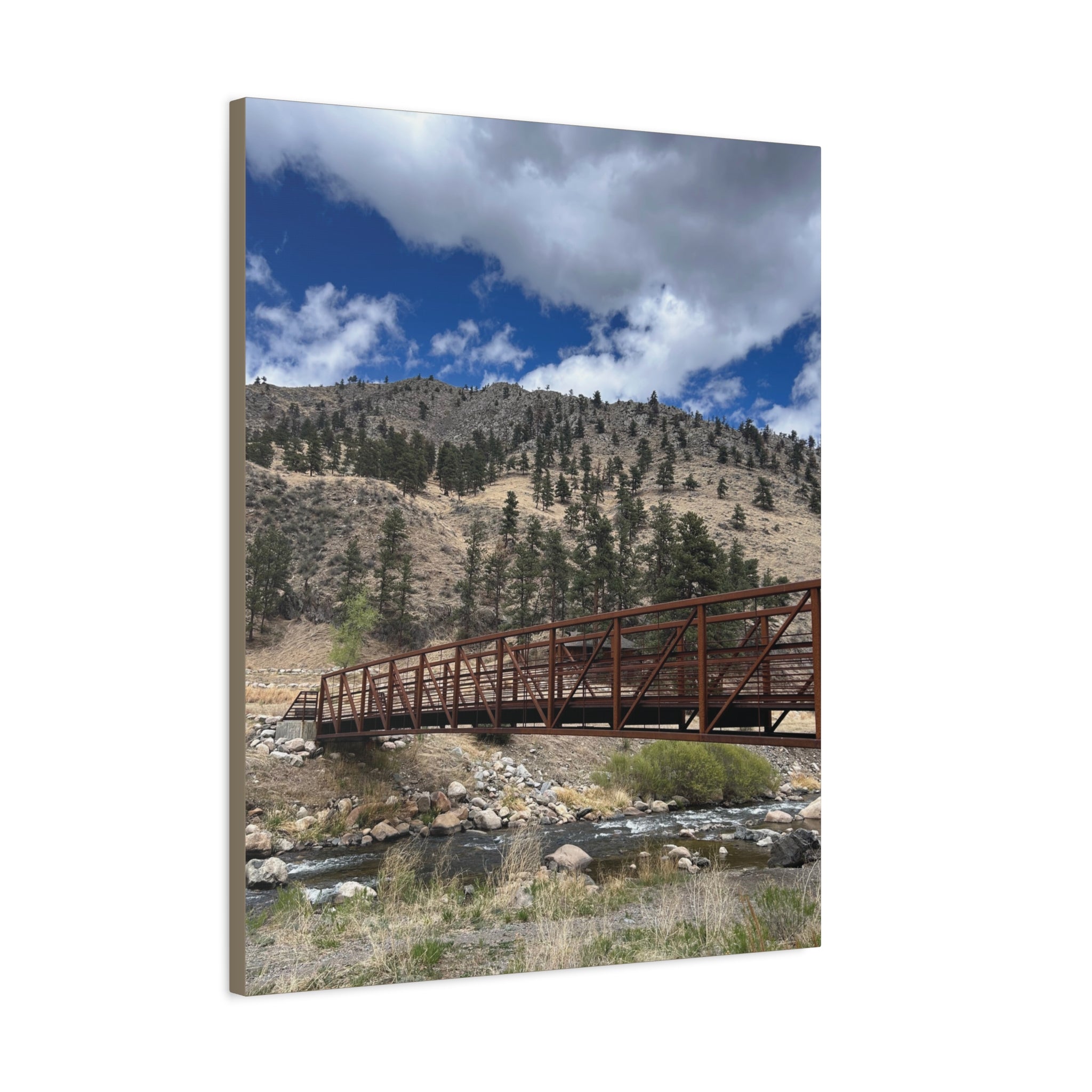 Mountain Bridge Matte Canvas Print — Scenic River & Sky Wall Art