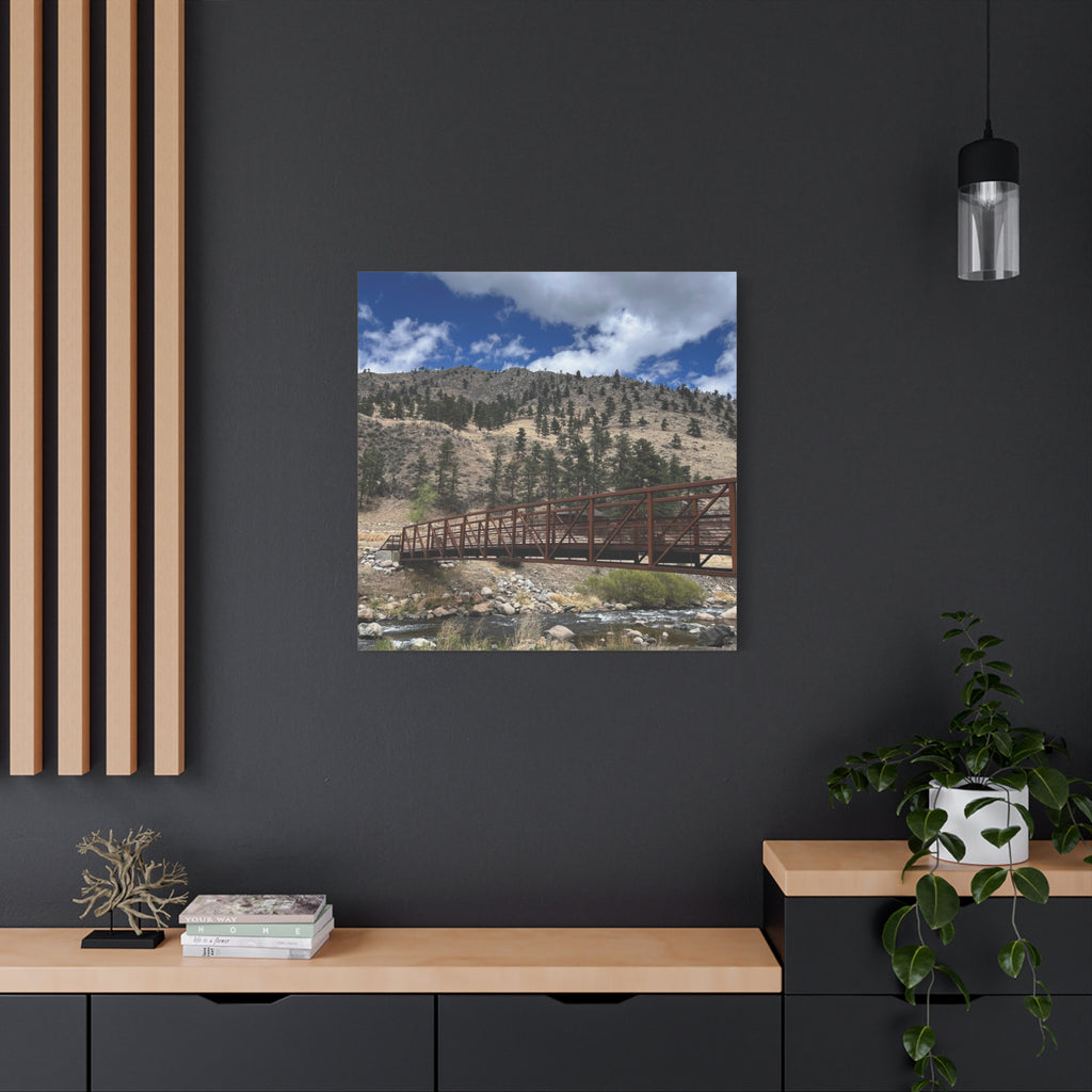 Mountain Bridge Matte Canvas Print — Scenic River & Sky Wall Art
