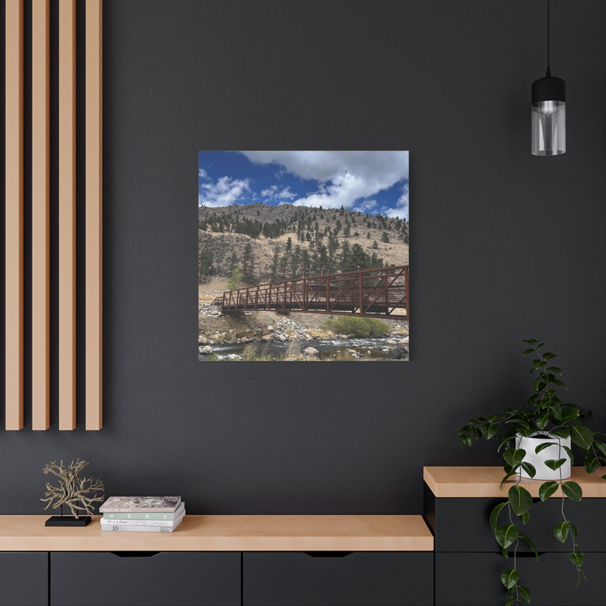 Mountain Bridge Matte Canvas Print — Scenic River & Sky Wall Art