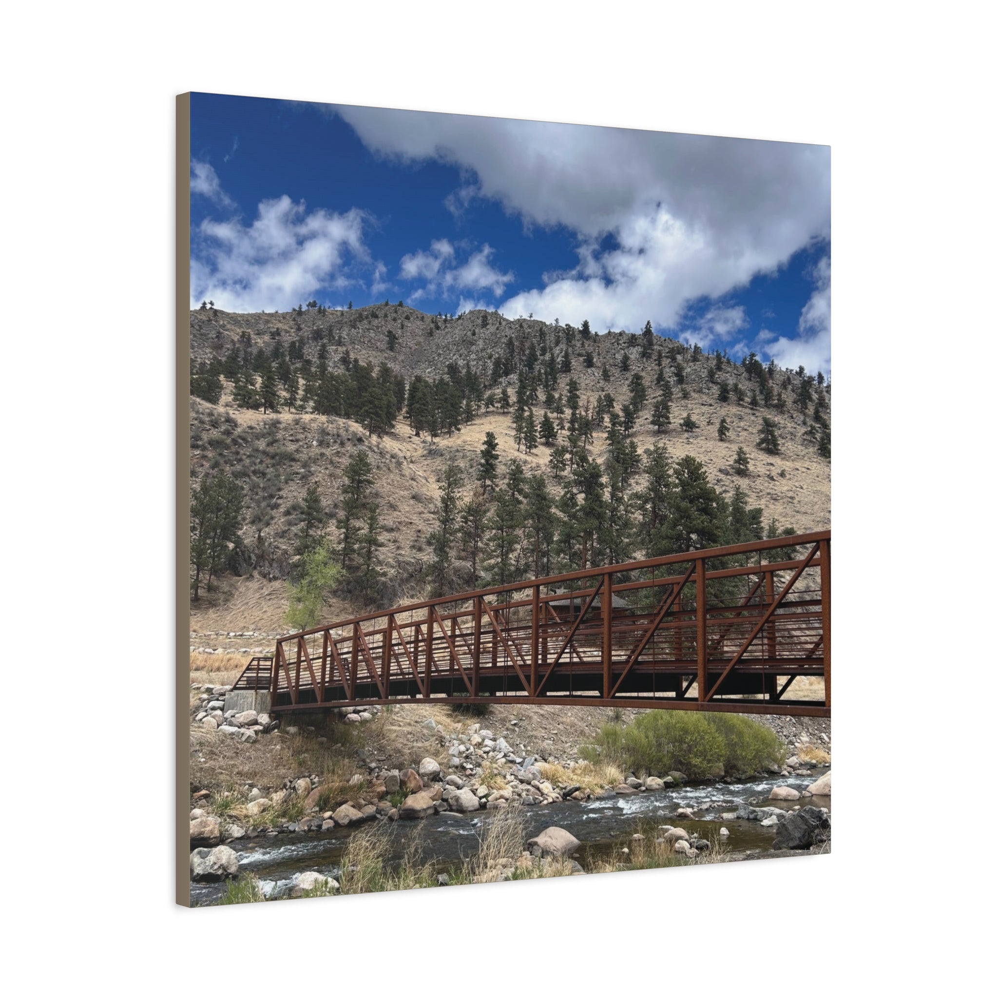 Mountain Bridge Matte Canvas Print — Scenic River & Sky Wall Art