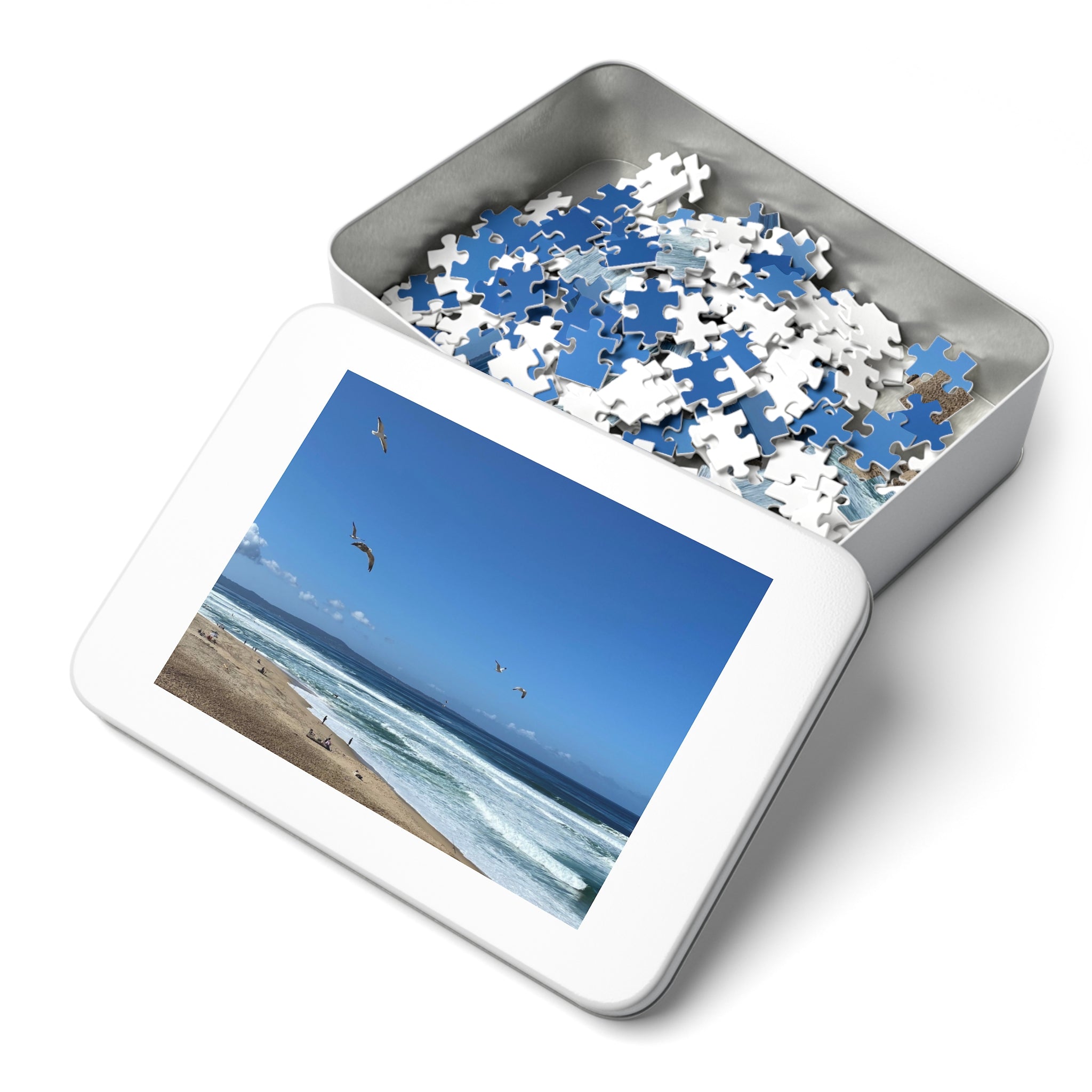 Seagulls Over Beach Jigsaw Puzzle with Tin — Coastal Relaxation Gift
