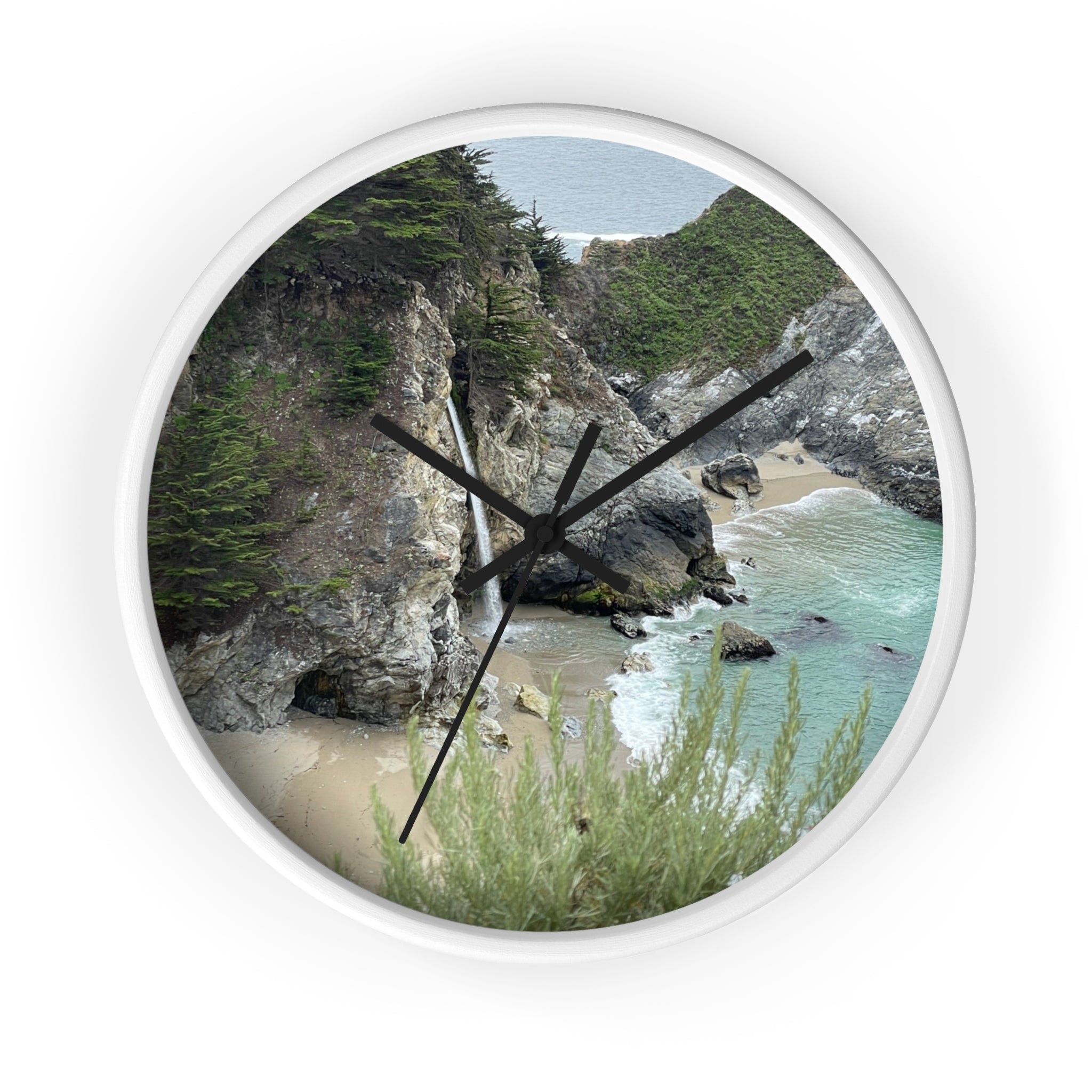 Coastal Cove Wall Clock — Beach Cliff & Waterfall Scenic Timepiece