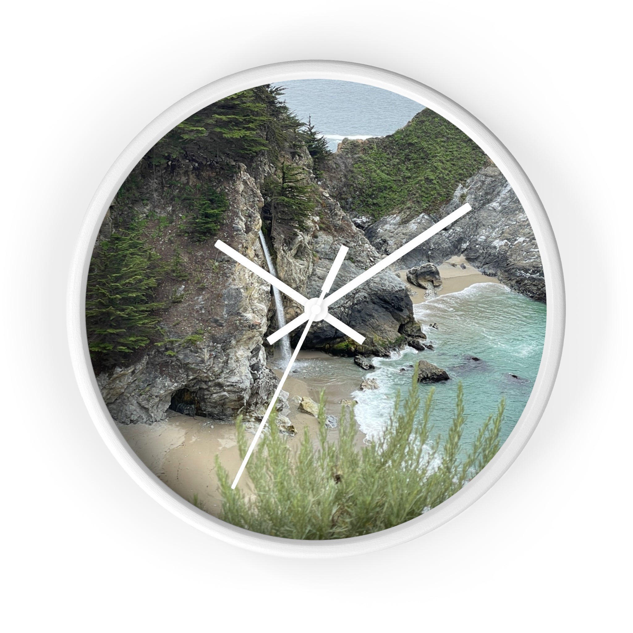 Coastal Cove Wall Clock — Beach Cliff & Waterfall Scenic Timepiece