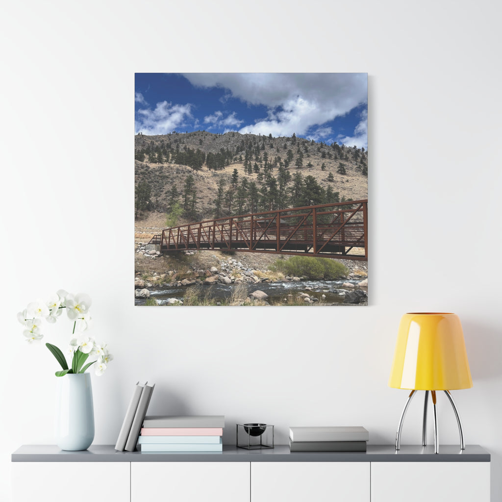Mountain Bridge Matte Canvas Print — Scenic River & Sky Wall Art