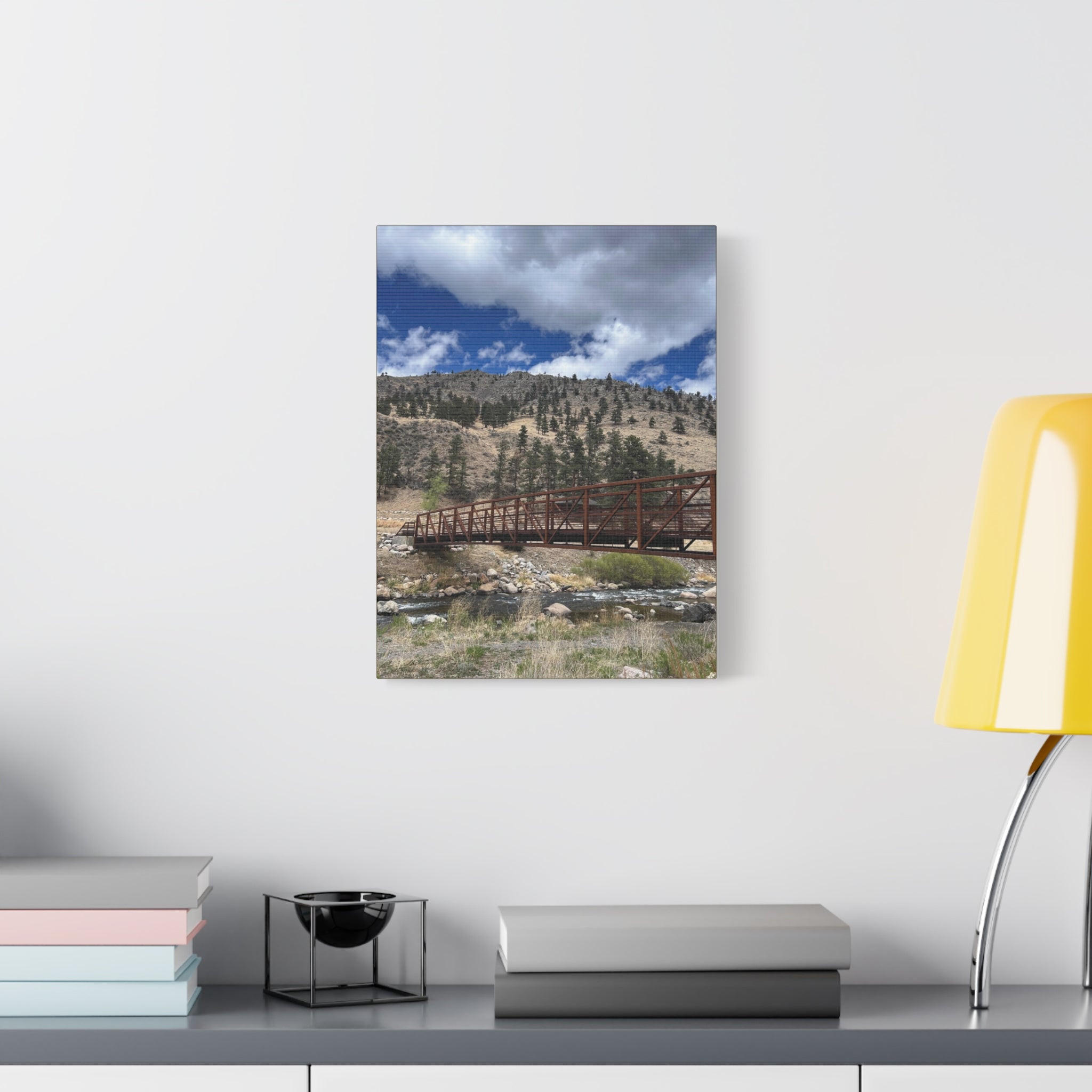 Mountain Bridge Matte Canvas Print — Scenic River & Sky Wall Art