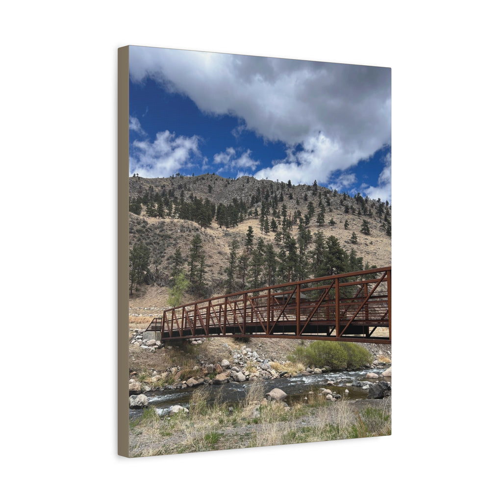 Mountain Bridge Matte Canvas Print — Scenic River & Sky Wall Art