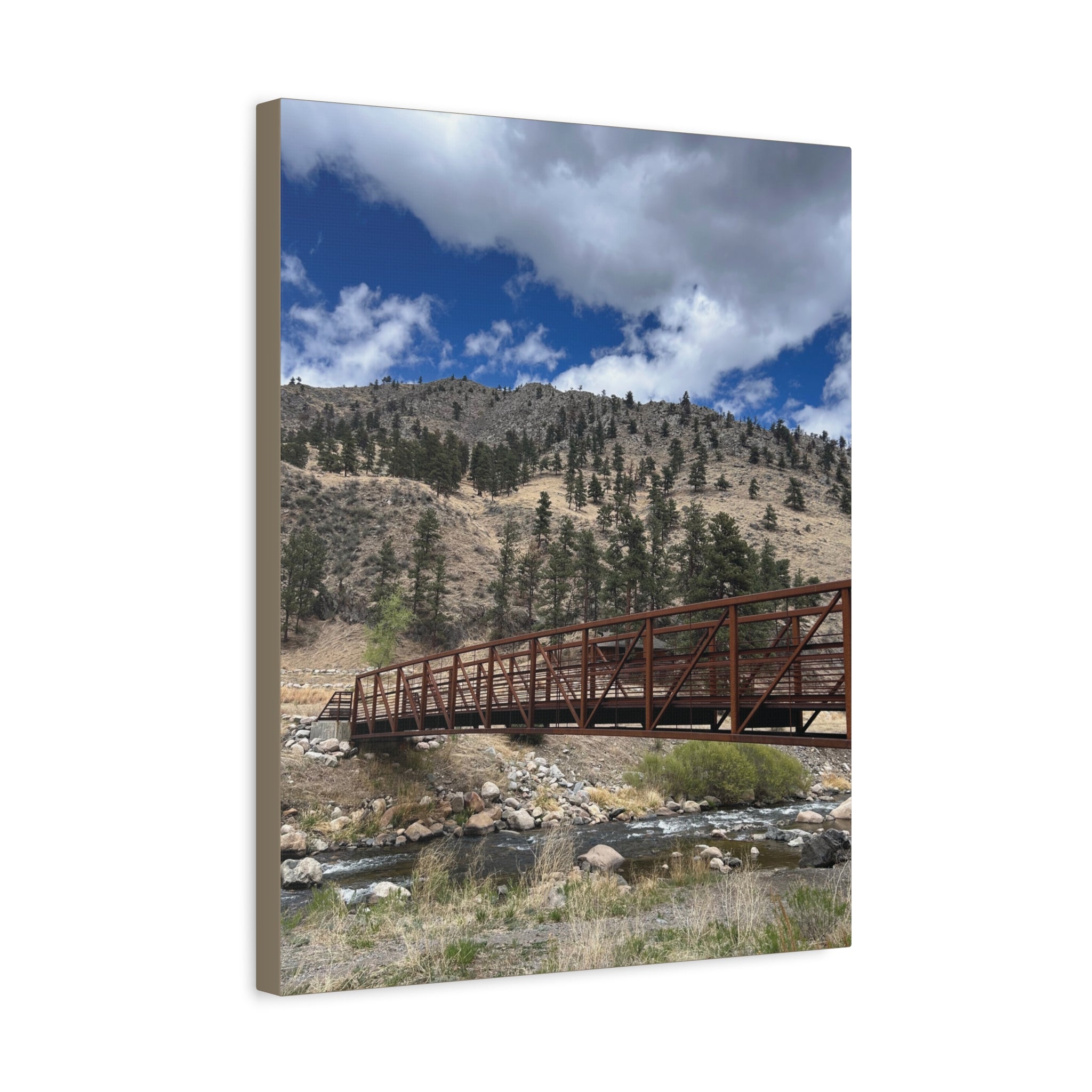 Mountain Bridge Matte Canvas Print — Scenic River & Sky Wall Art