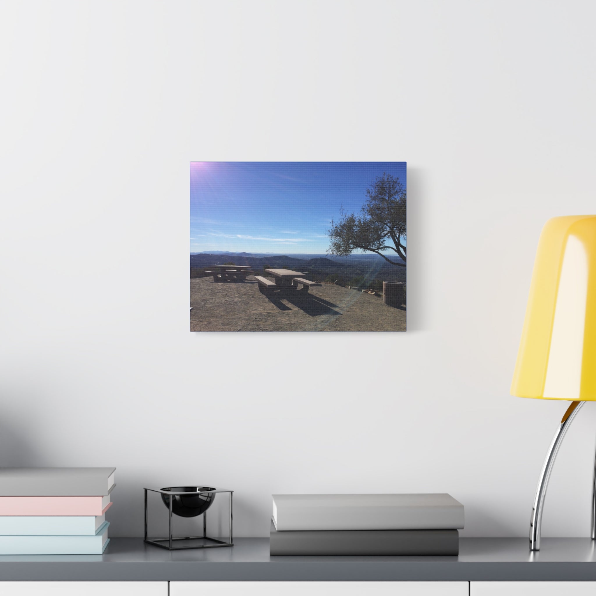 Sunlit Picnic Overlook Matte Canvas Print — Scenic Mountain View Wall Art