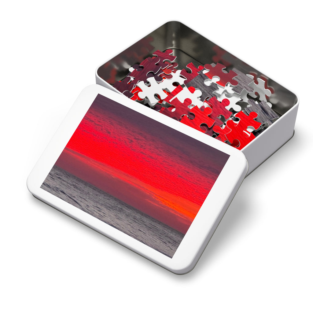 Sunset Horizon Jigsaw with Tin – Red Ocean Seascape Puzzle