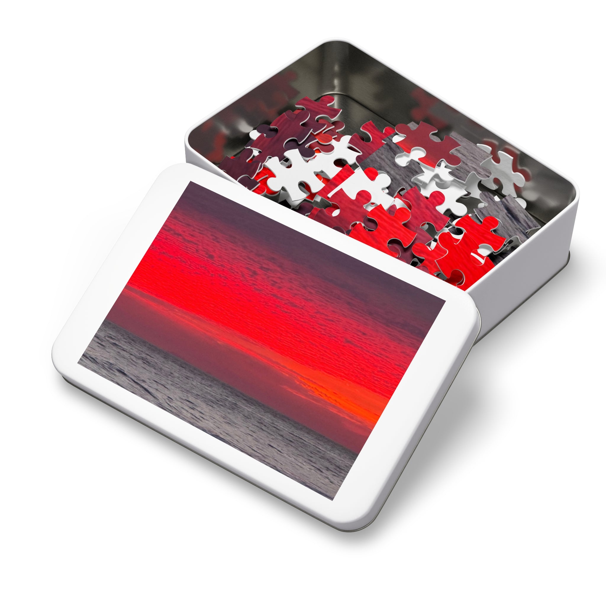 Sunset Horizon Jigsaw with Tin – Red Ocean Seascape Puzzle
