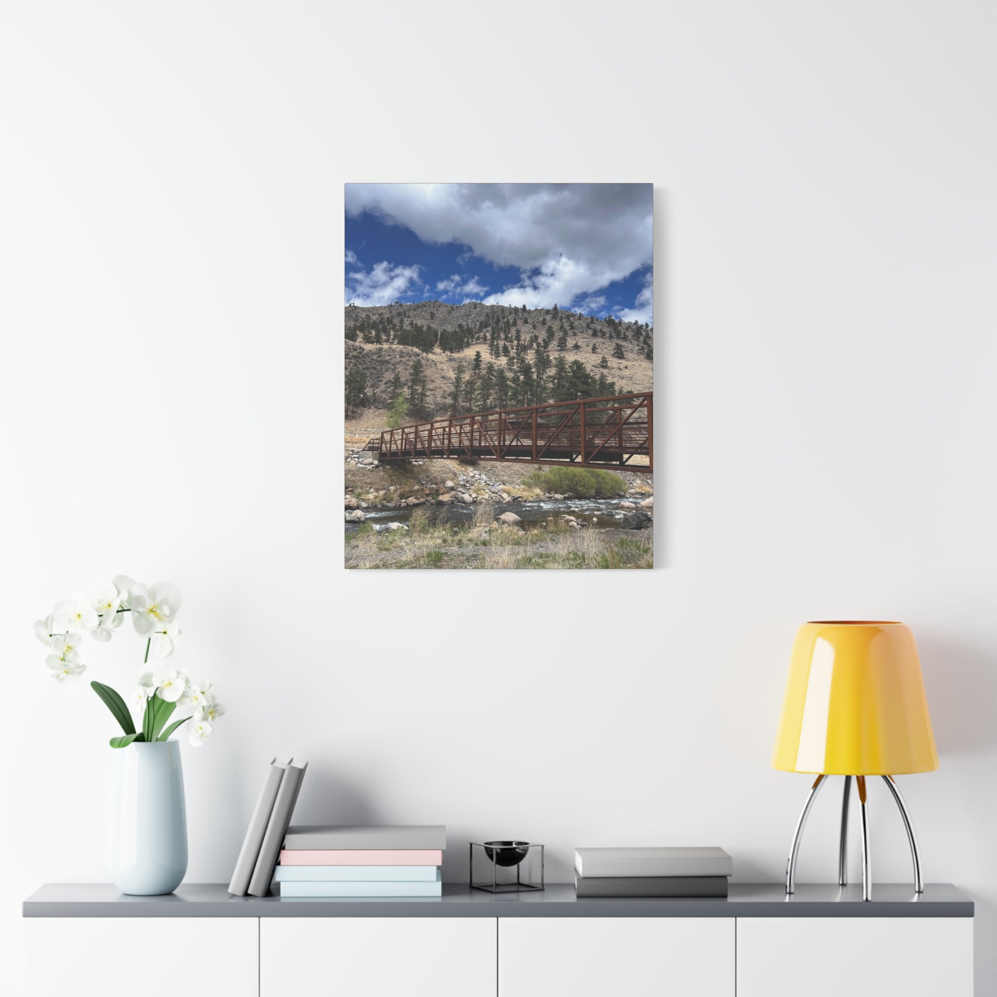 Mountain Bridge Matte Canvas Print — Scenic River & Sky Wall Art