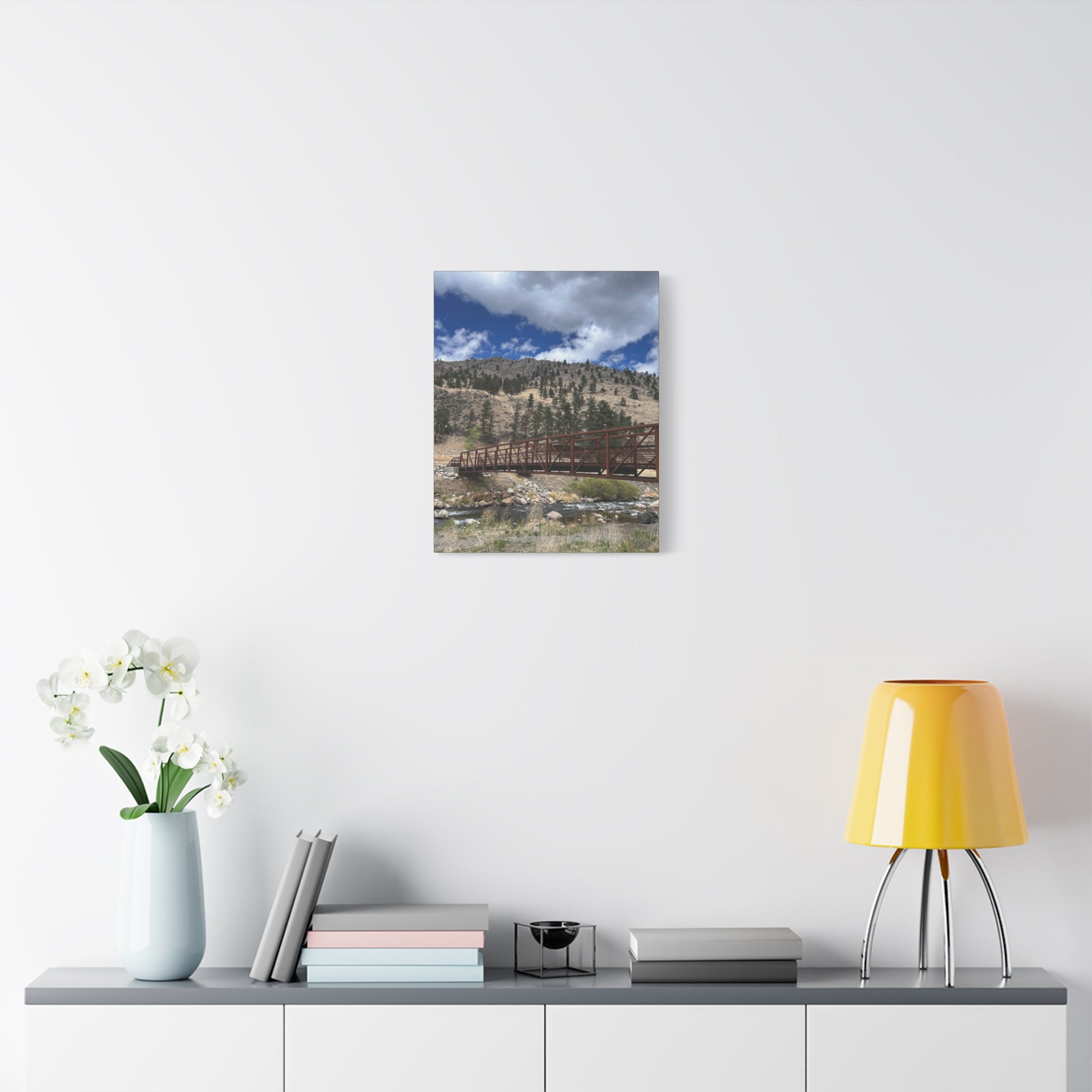 Mountain Bridge Matte Canvas Print — Scenic River & Sky Wall Art