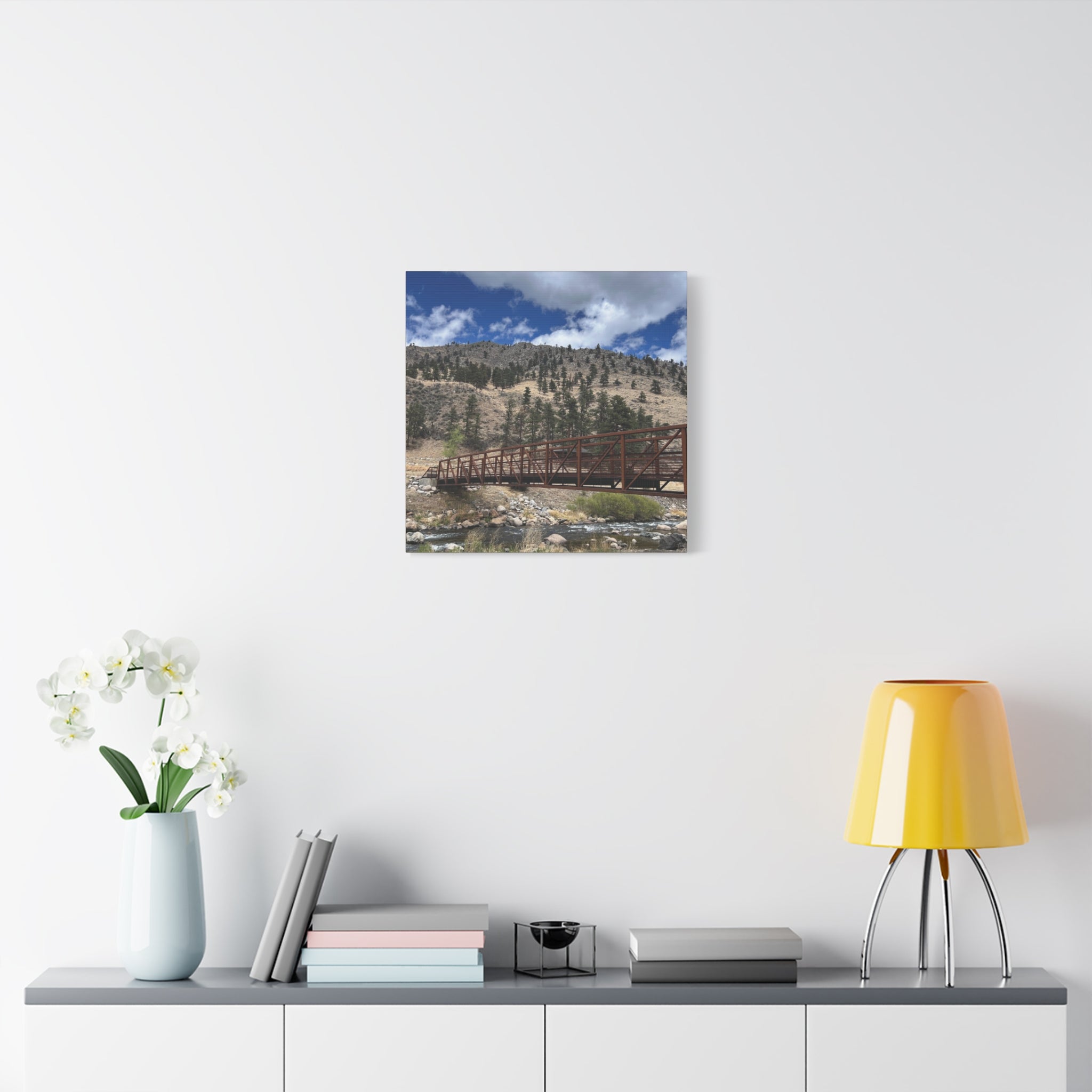 Mountain Bridge Matte Canvas Print — Scenic River & Sky Wall Art