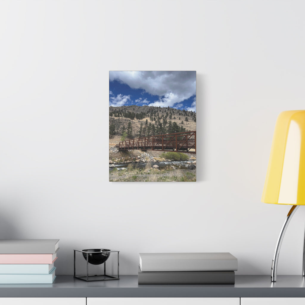 Mountain Bridge Matte Canvas Print — Scenic River & Sky Wall Art