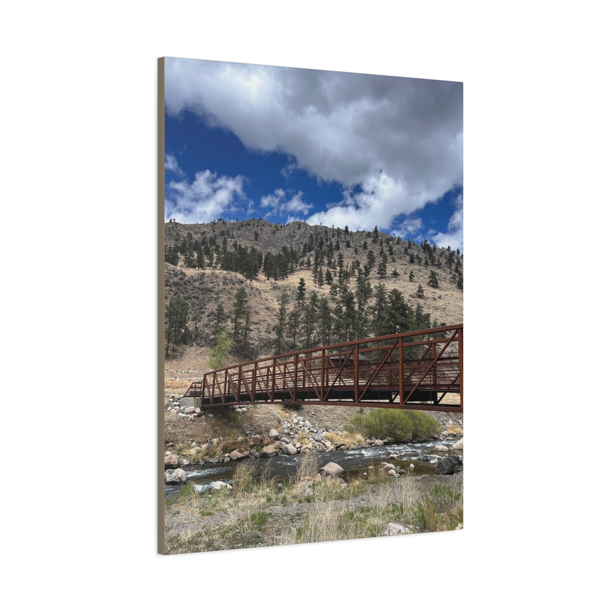 Mountain Bridge Matte Canvas Print — Scenic River & Sky Wall Art