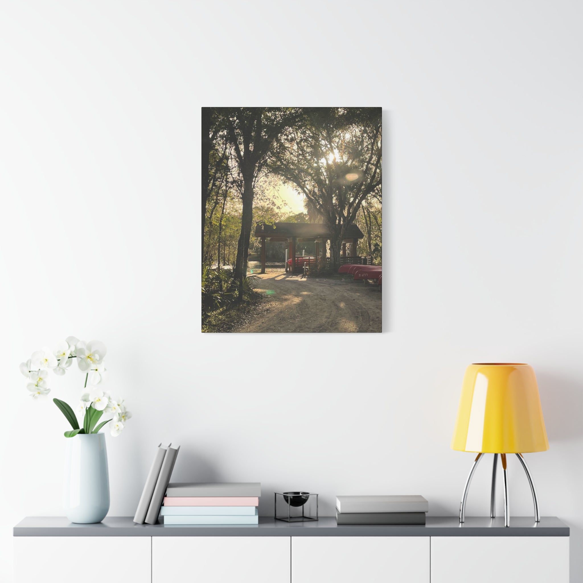 Hazy Morning Kayak - Sunlit Forest Matte Stretched Wall Art