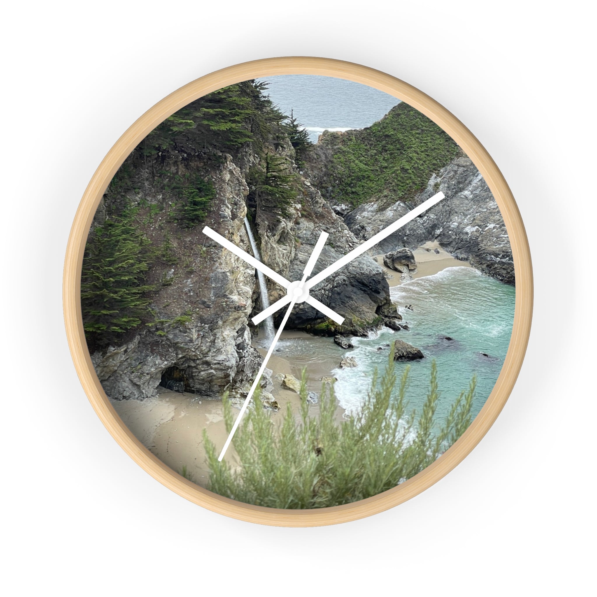 Coastal Cove Wall Clock — Beach Cliff & Waterfall Scenic Timepiece