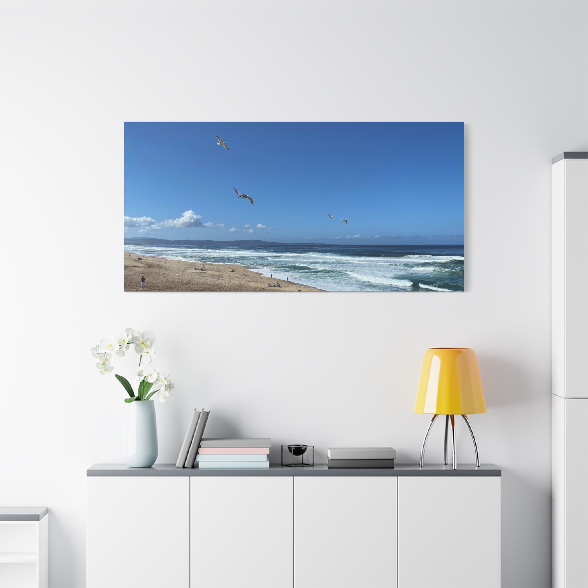 Coastal Seascape Canvas Print — Panoramic Beach with Seagulls