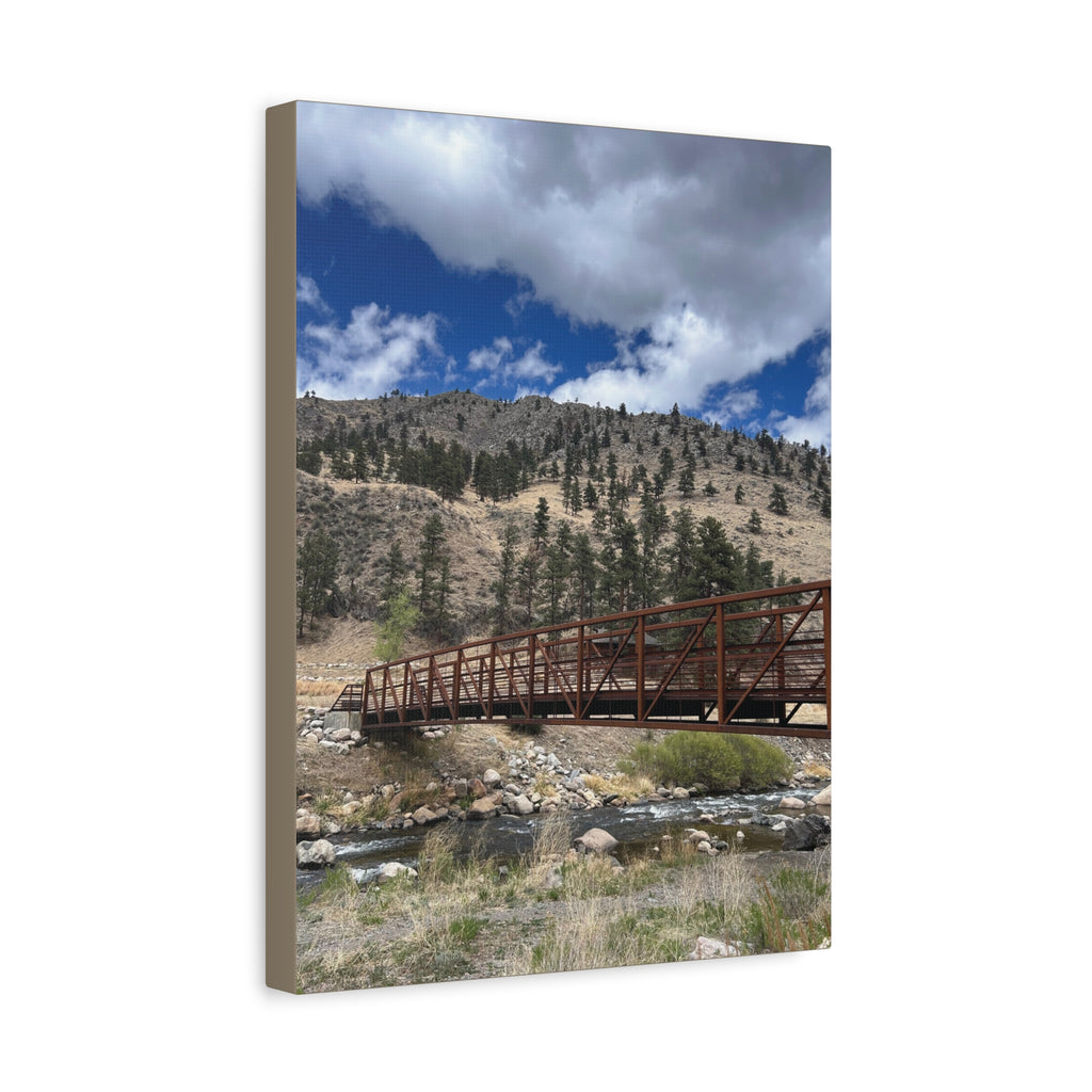 Mountain Bridge Matte Canvas Print — Scenic River & Sky Wall Art