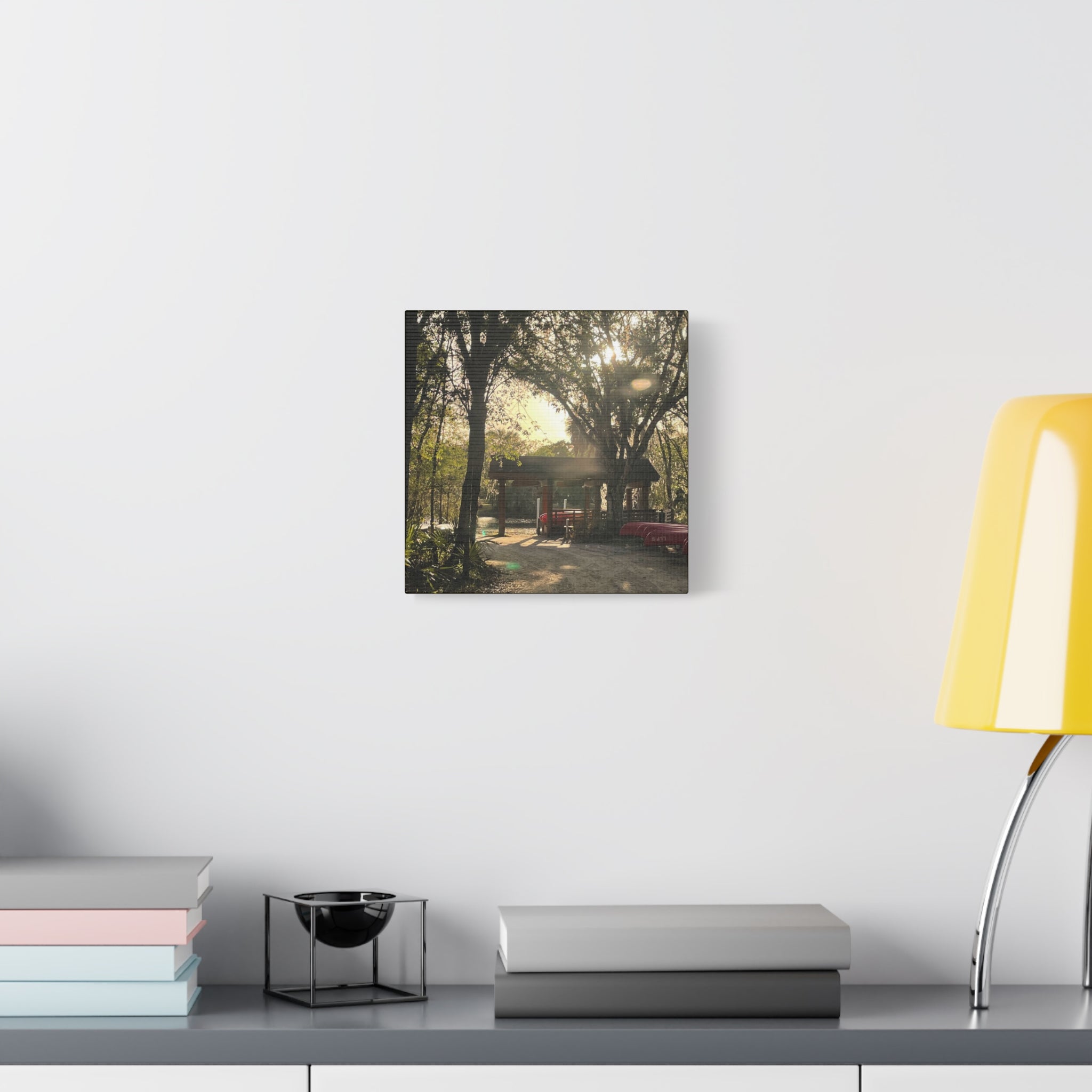 Hazy Morning Kayak - Sunlit Forest Matte Stretched Wall Art