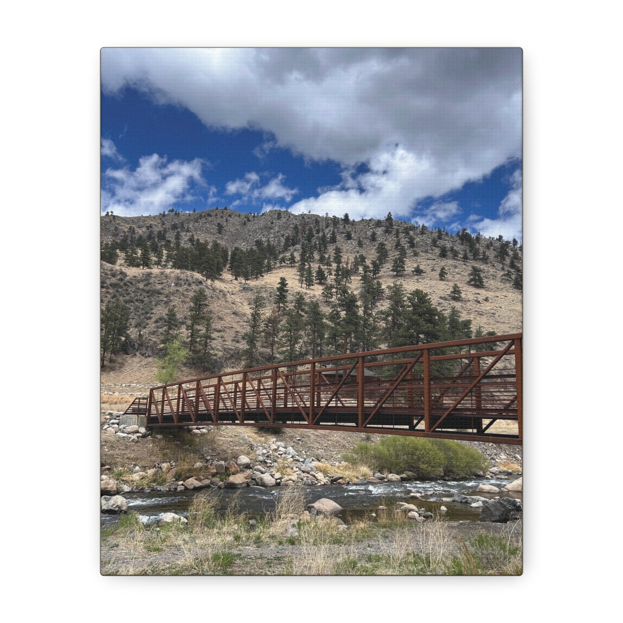 Mountain Bridge Matte Canvas Print — Scenic River & Sky Wall Art