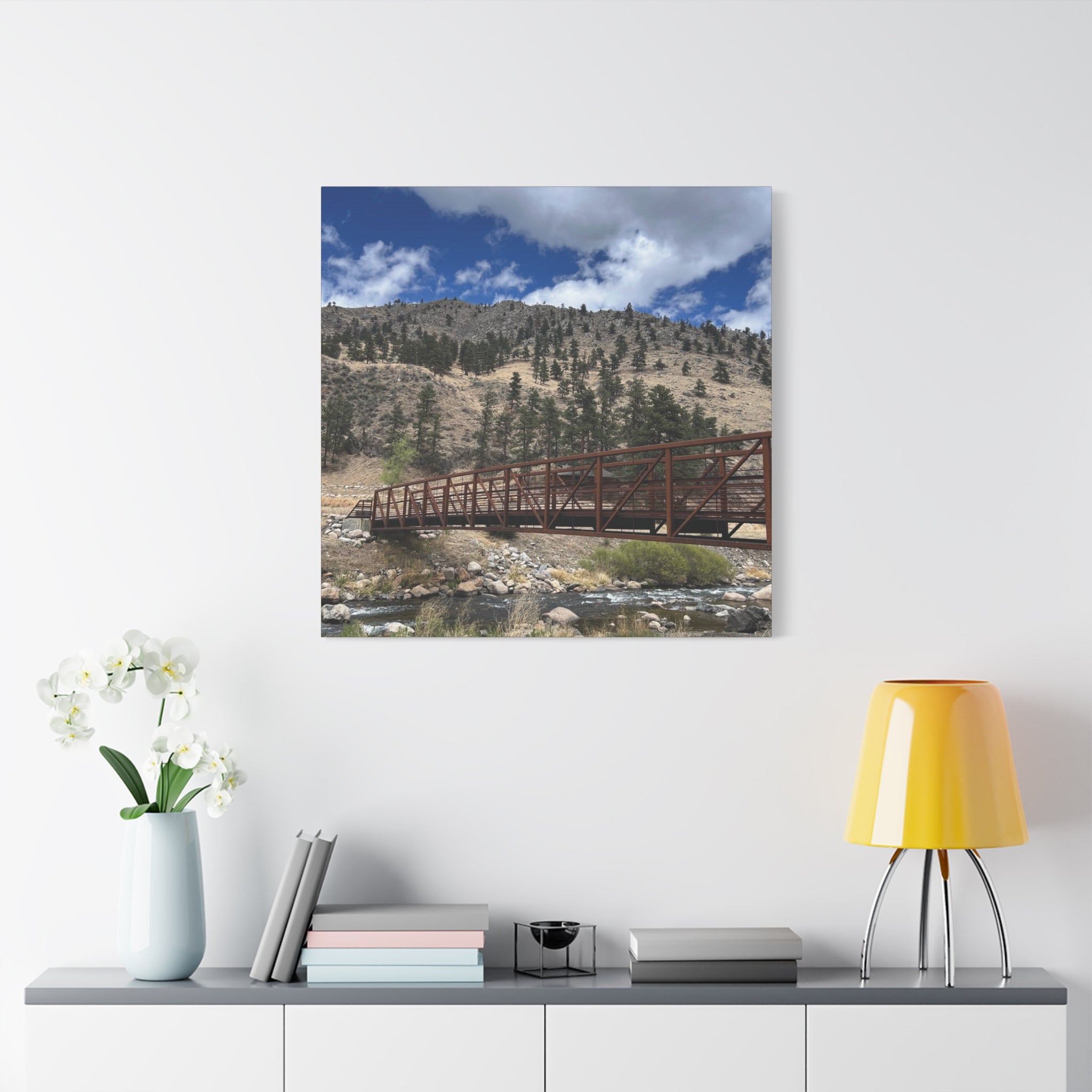 Mountain Bridge Matte Canvas Print — Scenic River & Sky Wall Art