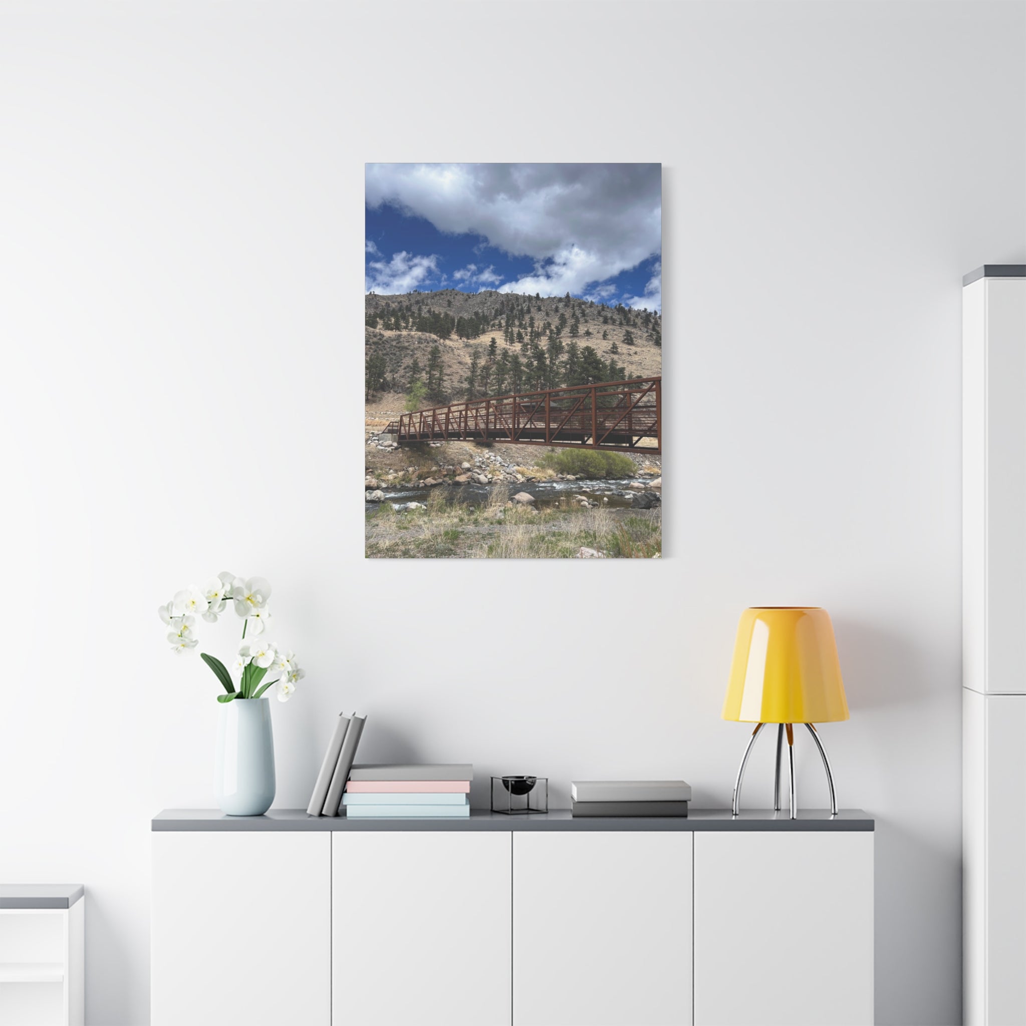 Mountain Bridge Matte Canvas Print — Scenic River & Sky Wall Art
