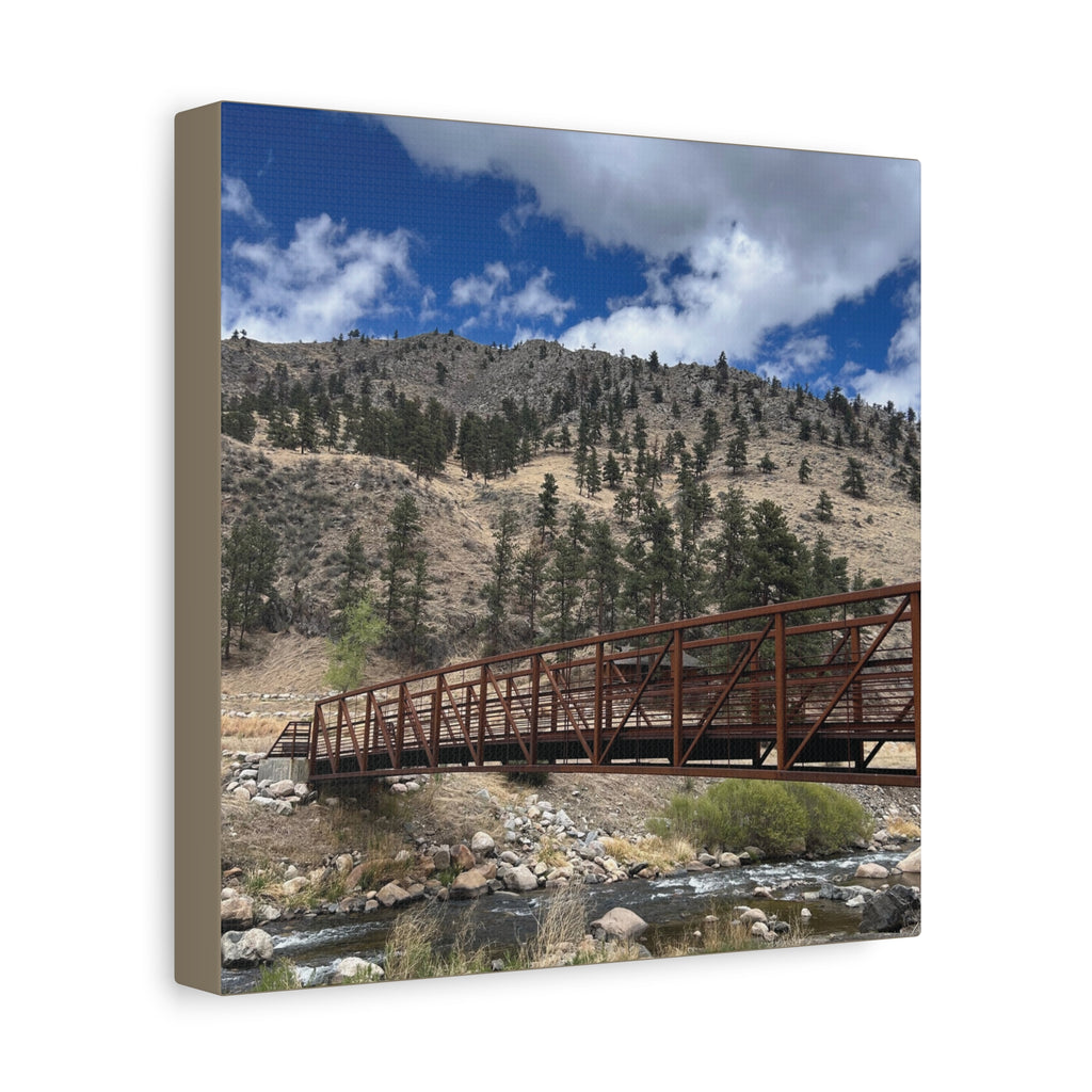 Mountain Bridge Matte Canvas Print — Scenic River & Sky Wall Art