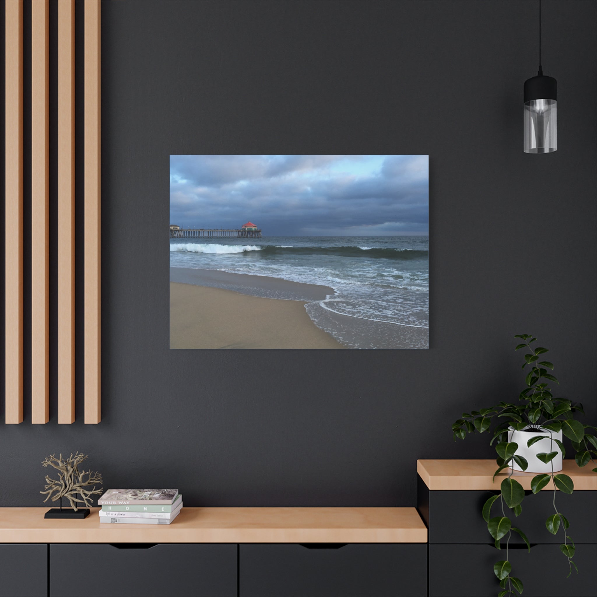 Ocean Pier Beach Canvas Print — Moody Seascape Matte Stretched Wall Art