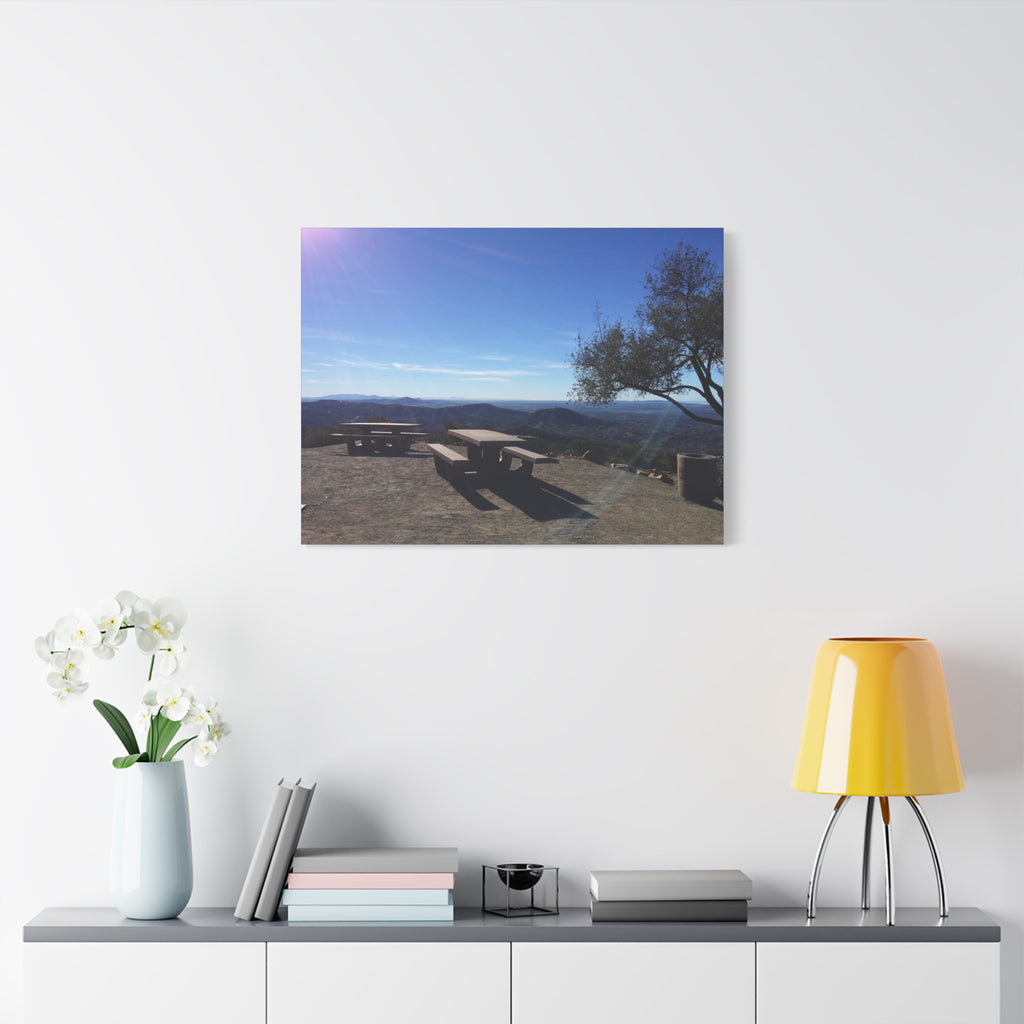 Sunlit Picnic Overlook Matte Canvas Print — Scenic Mountain View Wall Art
