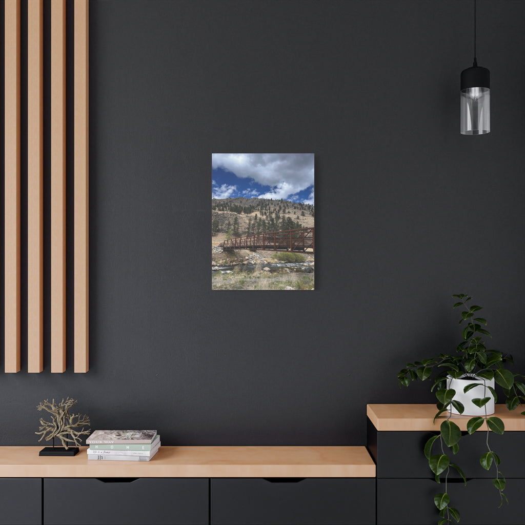Mountain Bridge Matte Canvas Print — Scenic River & Sky Wall Art