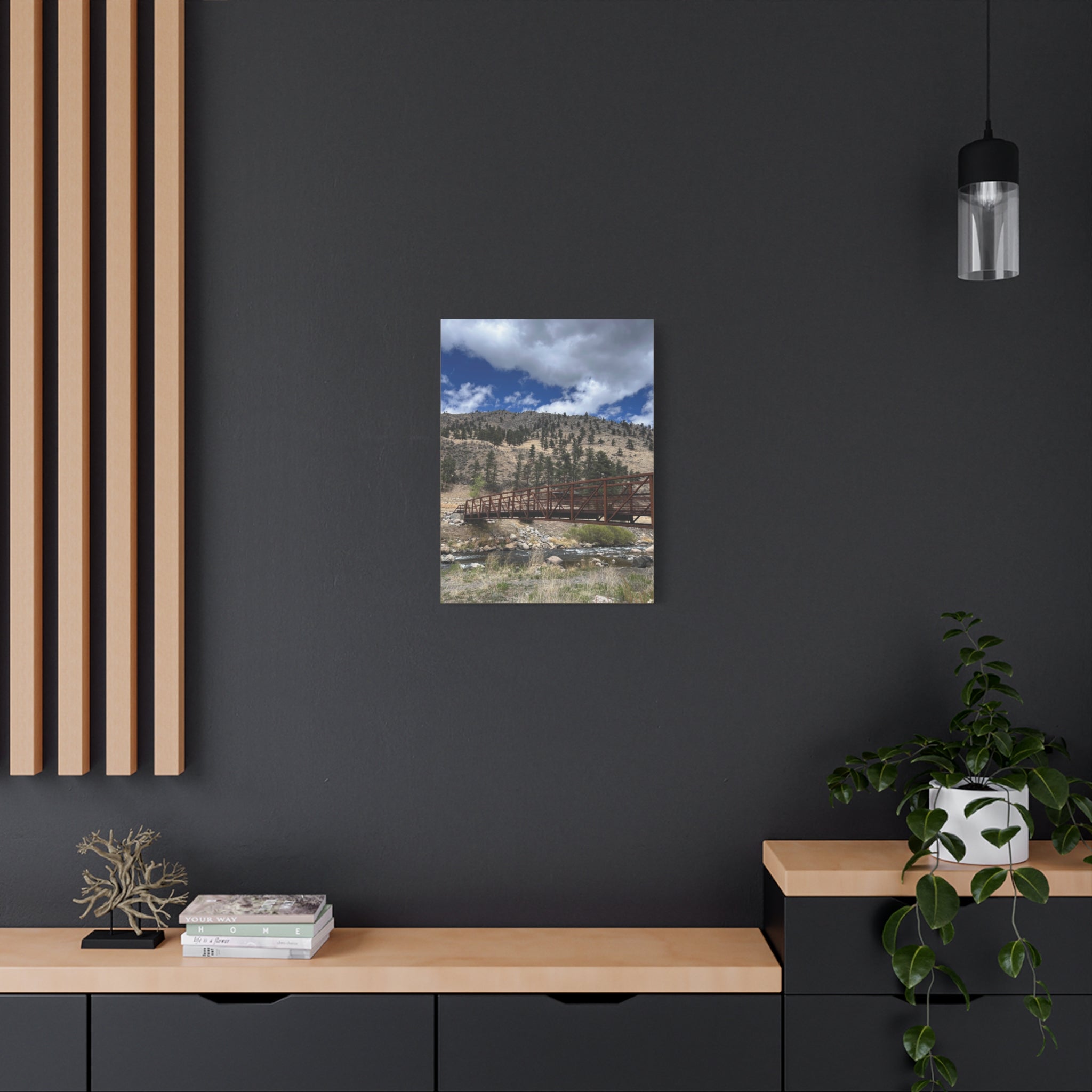 Mountain Bridge Matte Canvas Print — Scenic River & Sky Wall Art