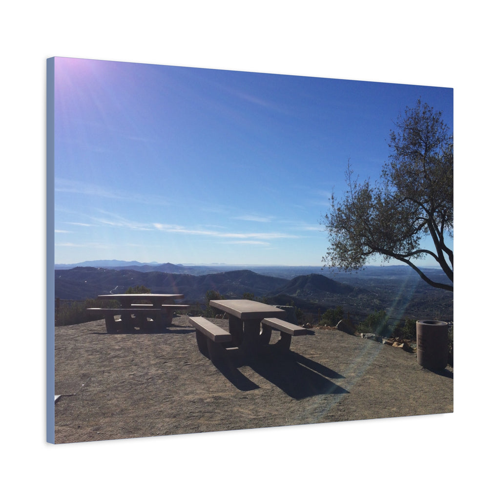 Sunlit Picnic Overlook Matte Canvas Print — Scenic Mountain View Wall Art