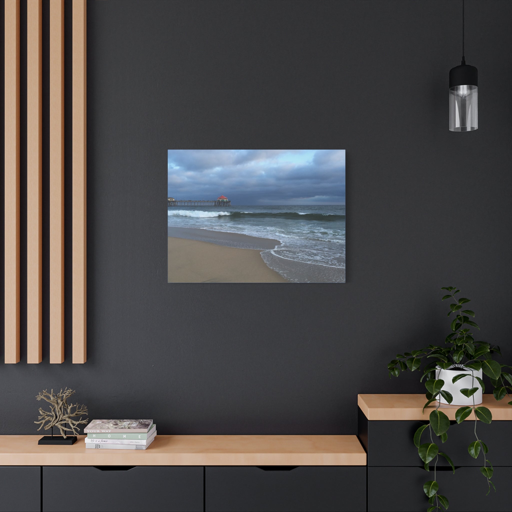 Ocean Pier Beach Canvas Print — Moody Seascape Matte Stretched Wall Art