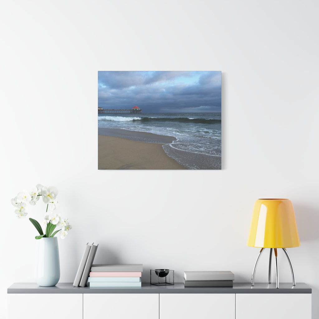 Ocean Pier Beach Canvas Print — Moody Seascape Matte Stretched Wall Art