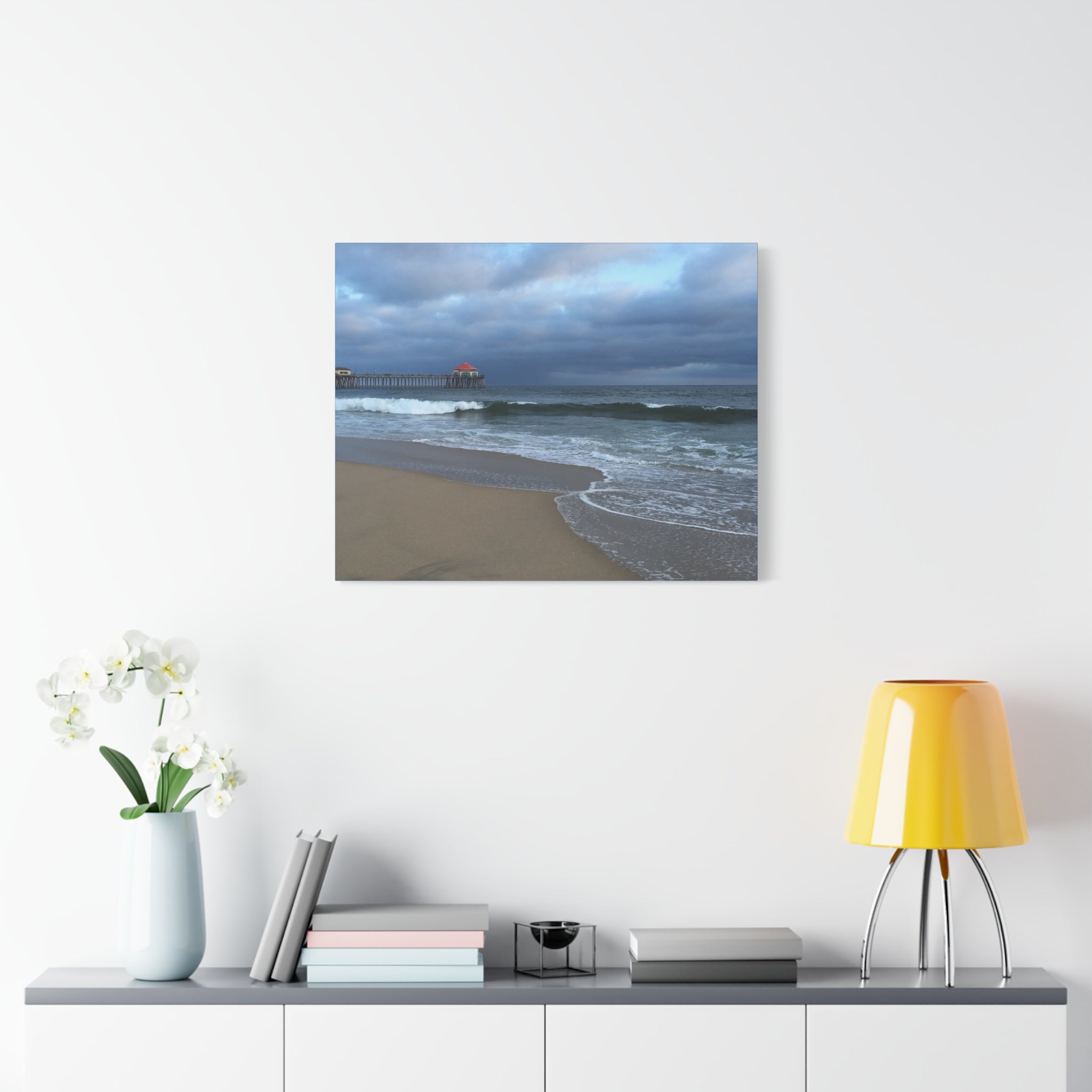 Ocean Pier Beach Canvas Print — Moody Seascape Matte Stretched Wall Art