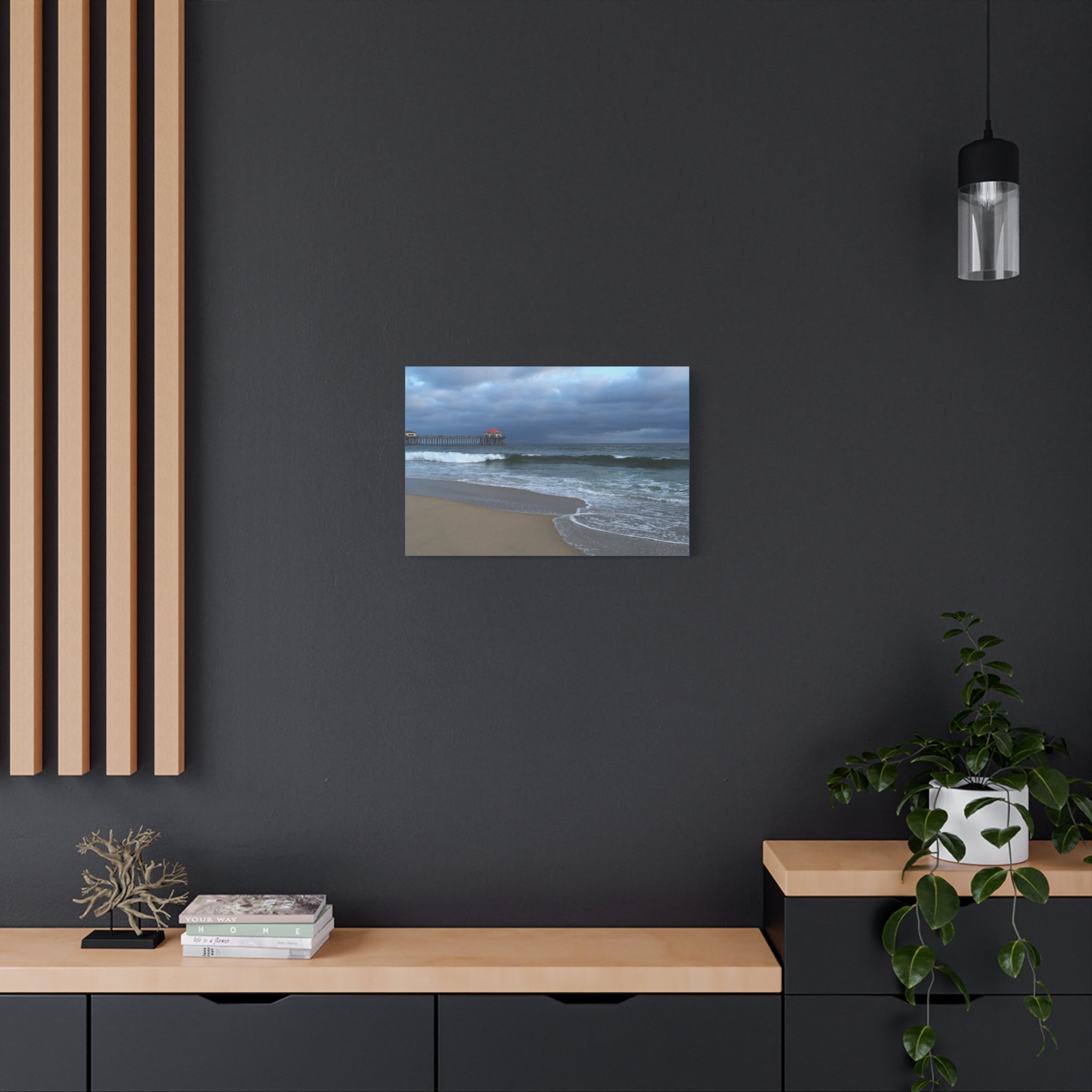 Ocean Pier Beach Canvas Print — Moody Seascape Matte Stretched Wall Art