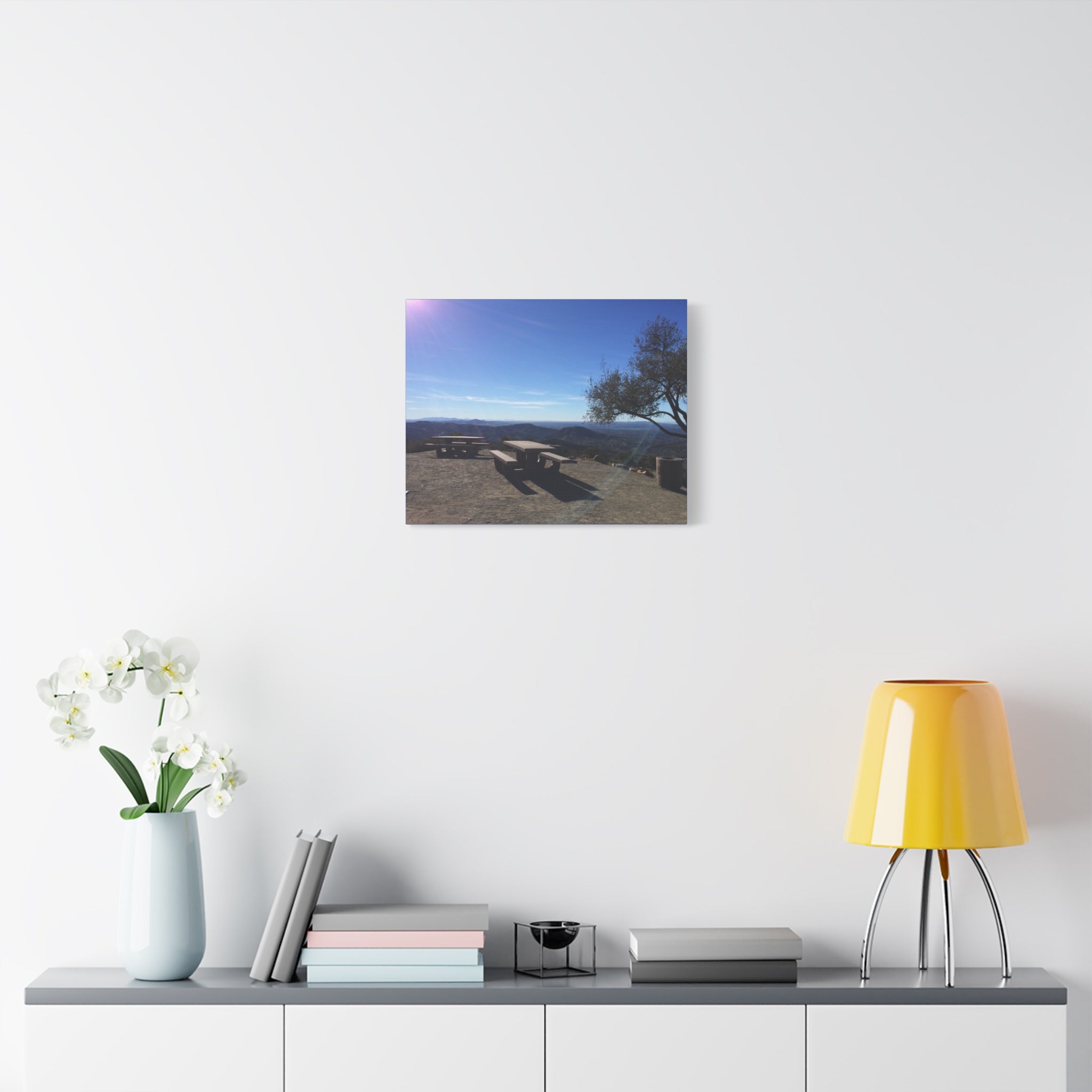 Sunlit Picnic Overlook Matte Canvas Print — Scenic Mountain View Wall Art