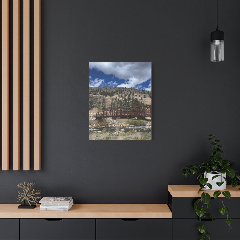 Mountain Bridge Matte Canvas Print — Scenic River & Sky Wall Art