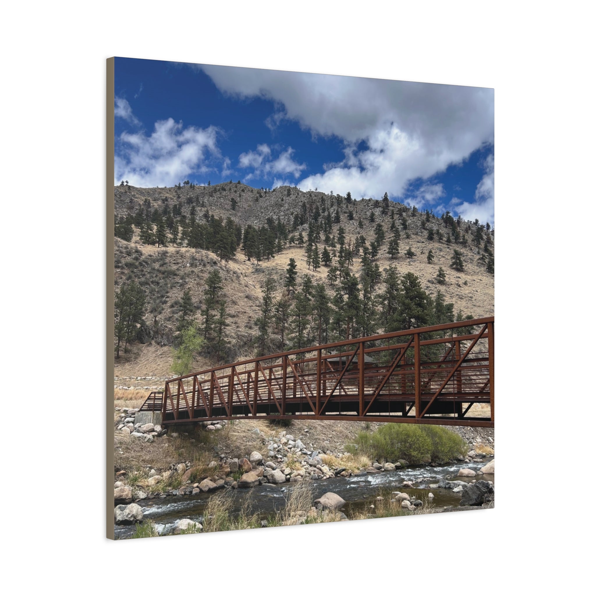 Mountain Bridge Matte Canvas Print — Scenic River & Sky Wall Art