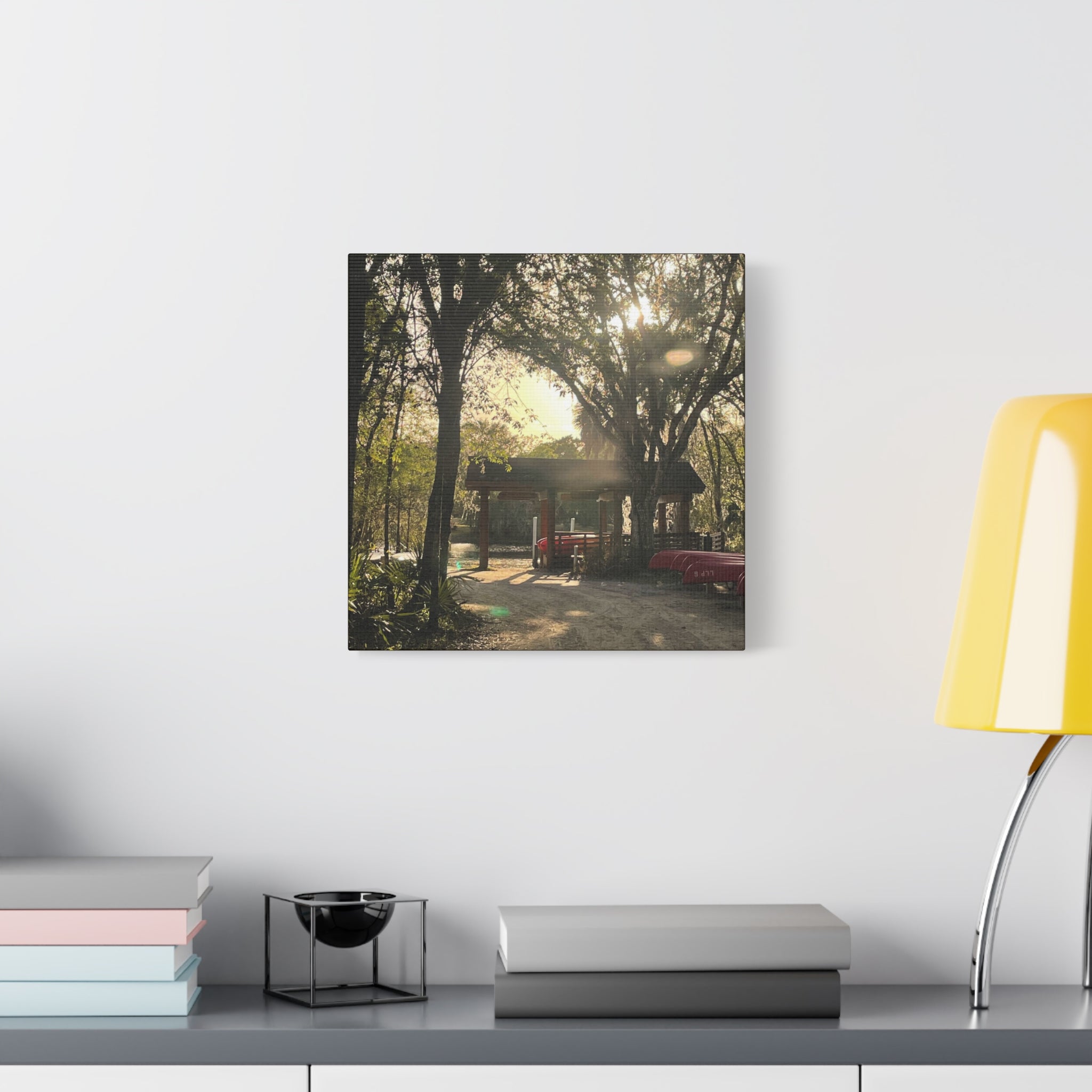 Hazy Morning Kayak - Sunlit Forest Matte Stretched Wall Art