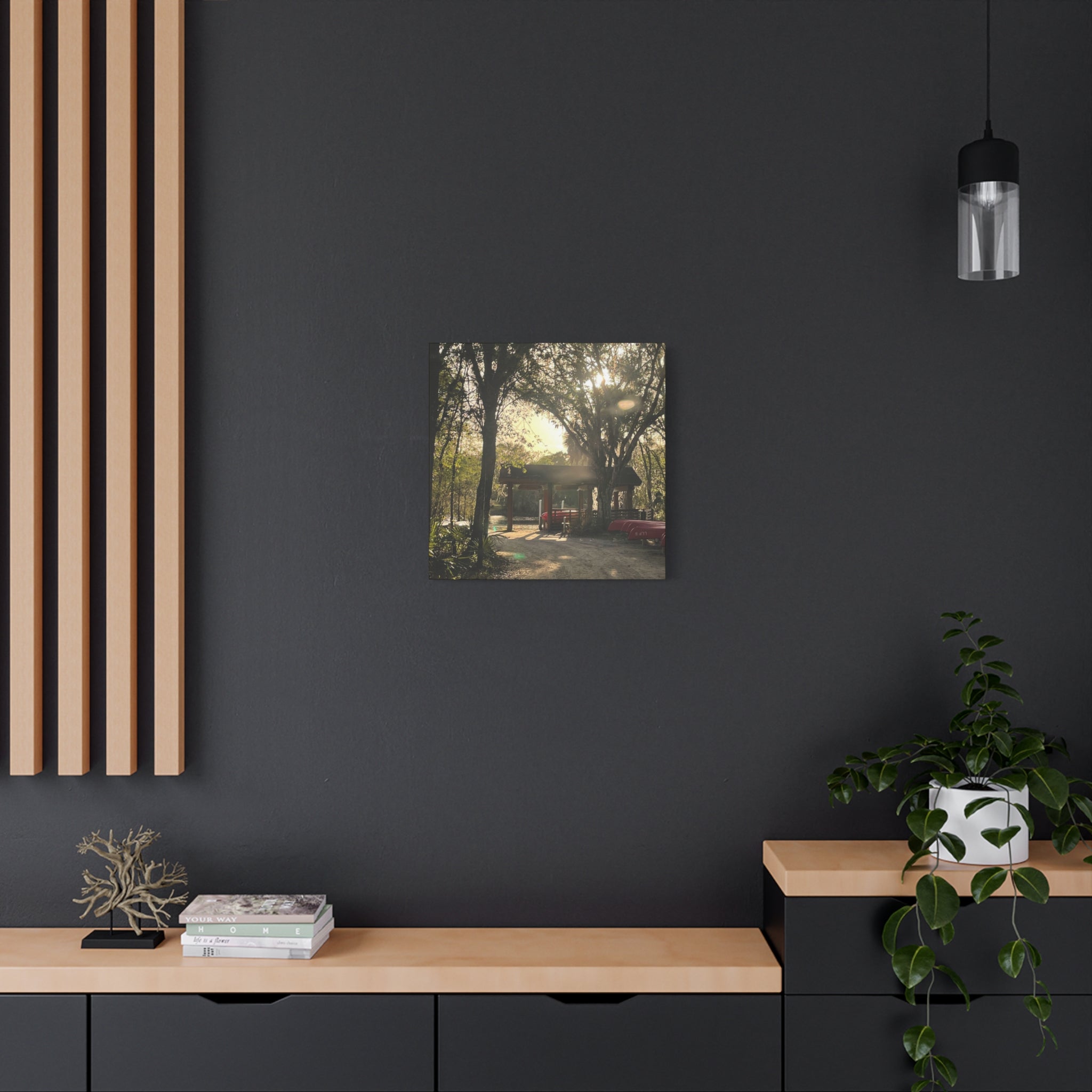 Hazy Morning Kayak - Sunlit Forest Matte Stretched Wall Art