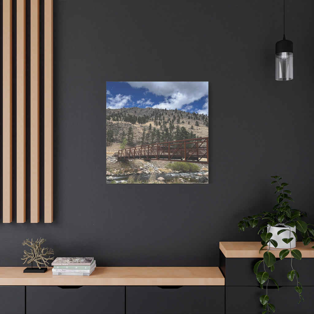 Mountain Bridge Matte Canvas Print — Scenic River & Sky Wall Art