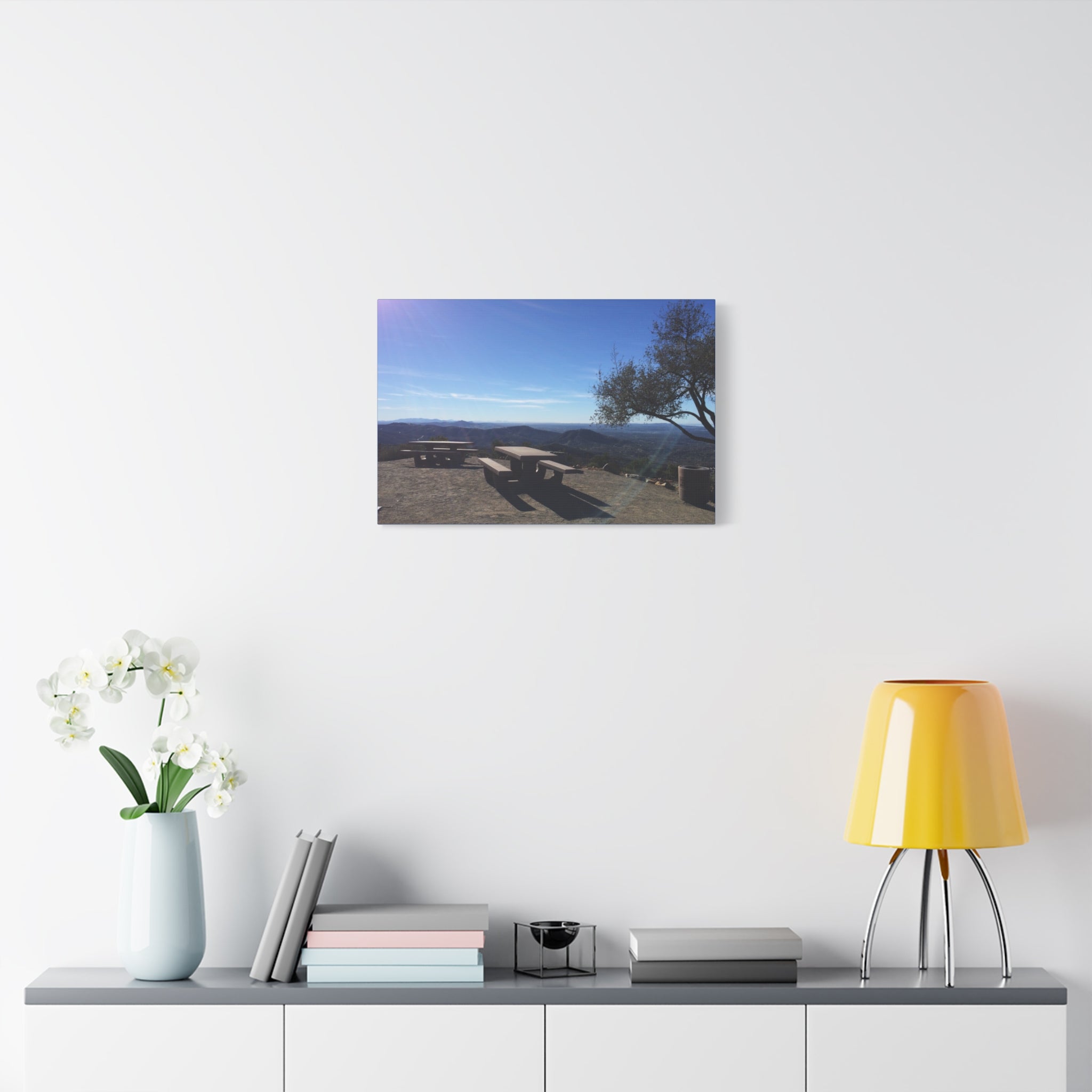 Sunlit Picnic Overlook Matte Canvas Print — Scenic Mountain View Wall Art