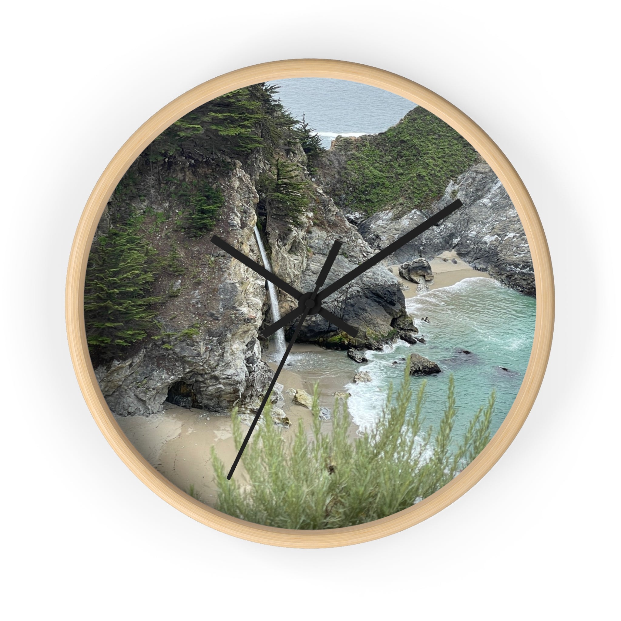 Coastal Cove Wall Clock — Beach Cliff & Waterfall Scenic Timepiece