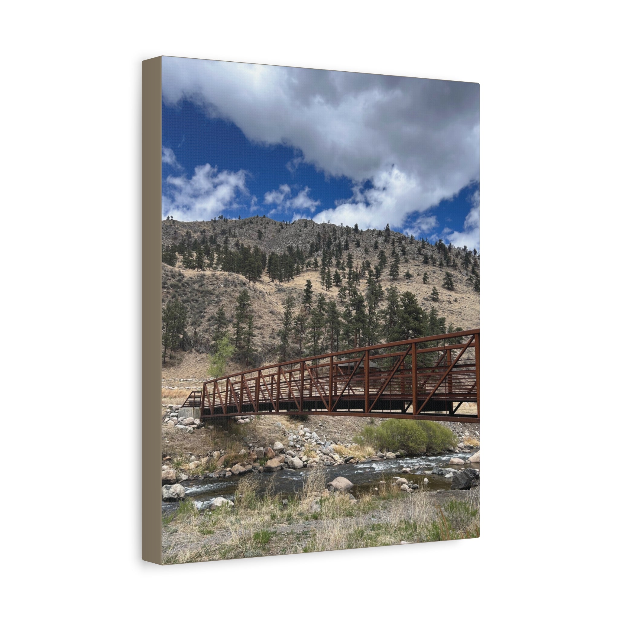 Mountain Bridge Matte Canvas Print — Scenic River & Sky Wall Art