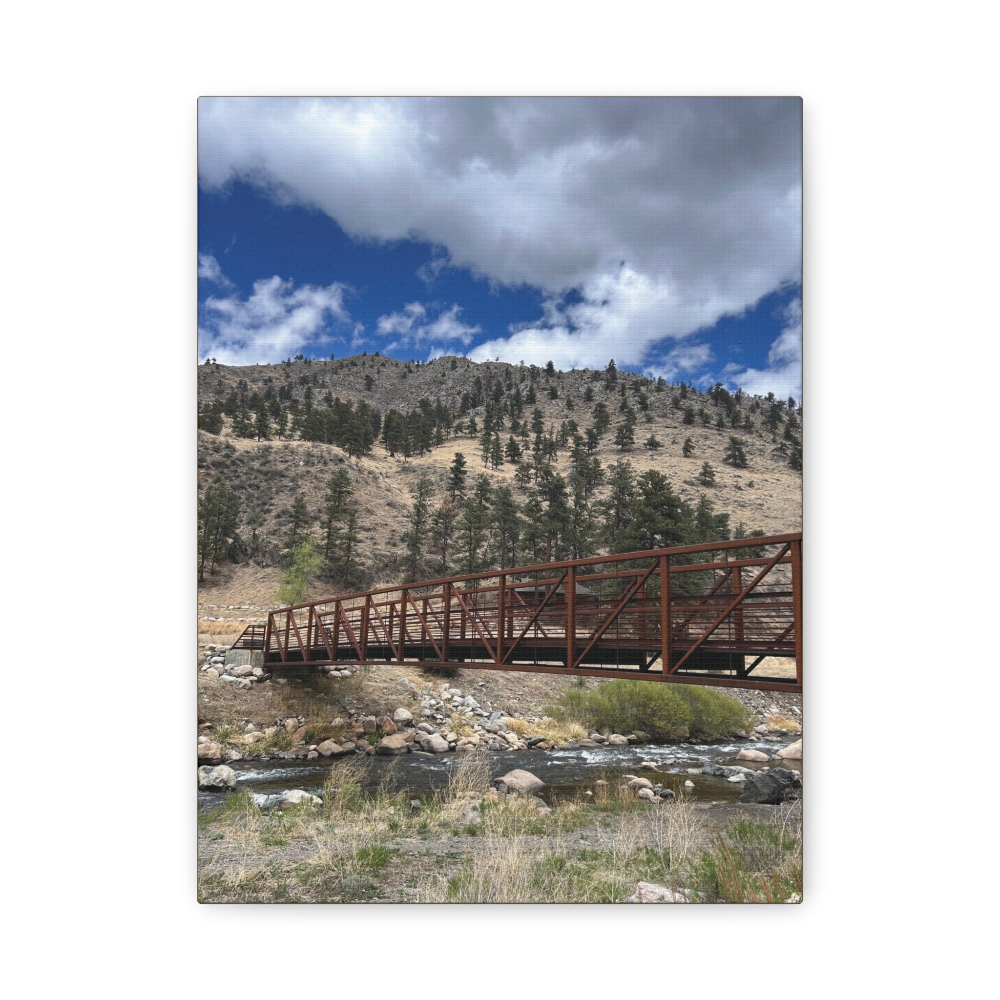 Mountain Bridge Matte Canvas Print — Scenic River & Sky Wall Art