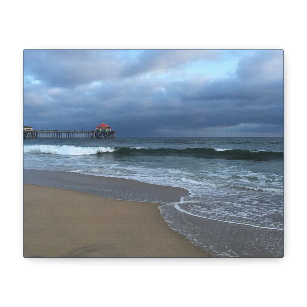 Ocean Pier Beach Canvas Print — Moody Seascape Matte Stretched Wall Art