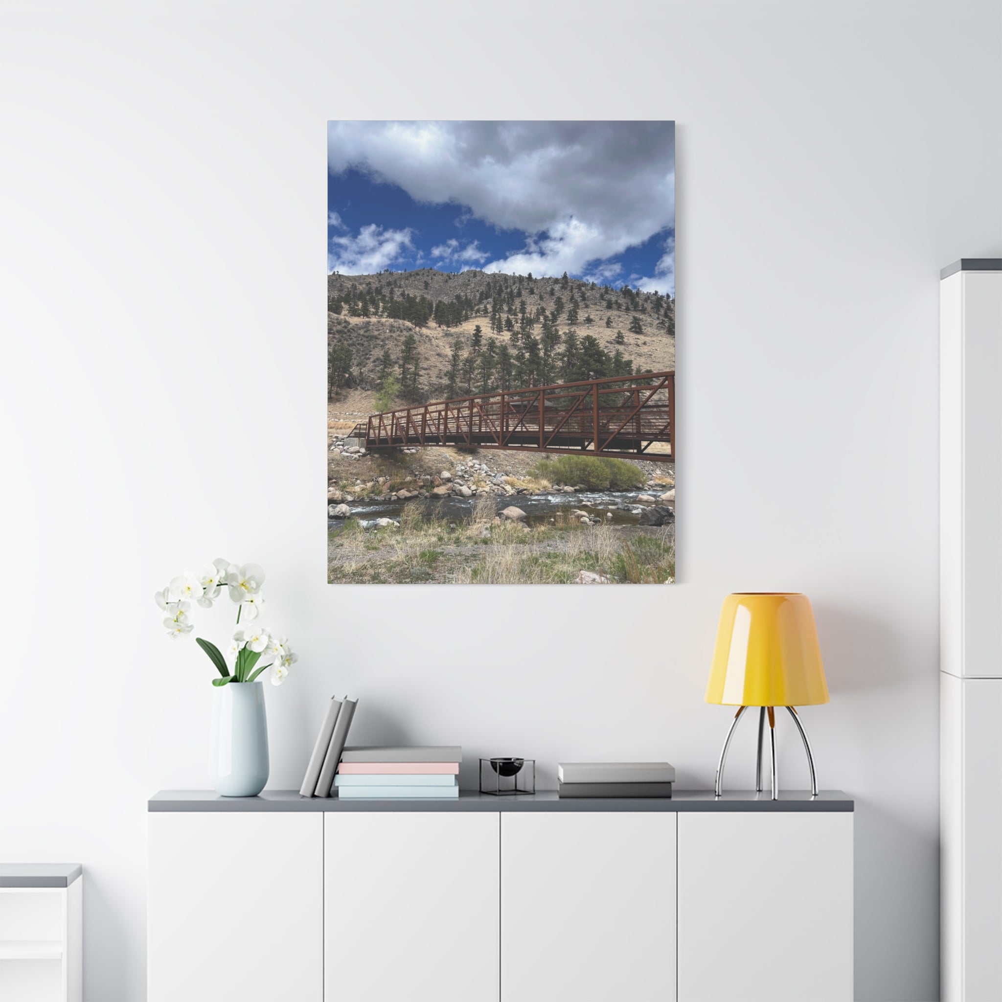 Mountain Bridge Matte Canvas Print — Scenic River & Sky Wall Art
